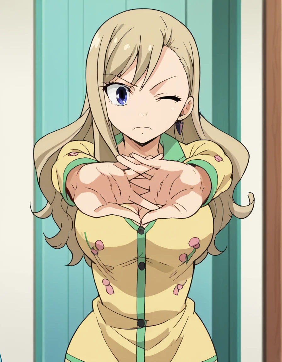 score_9, score_8_up, score_7_up, source_anime, <lora:rebecca-bluegarden-s1-ponyxl-lora-nochekaiser:1>, rebecca bluegarden, blue eyes, blonde hair, large breasts, anime screencap, <lora:outstretched-arms-cracking-knuckles-ponyxl-lora-nochekaiser:1>, outstretched arms cracking knuckles, stretching, own hands together, outstretched arms, cracking knuckles, one eye closed, pajamas, bedroom,
