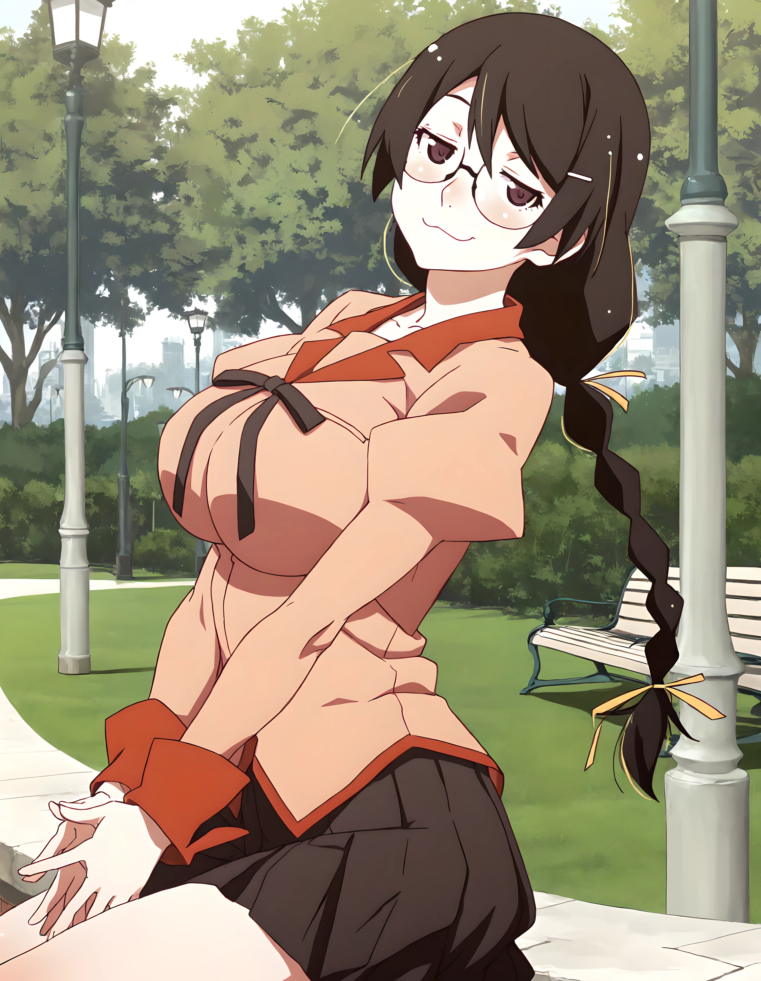 <lora:illustrious_XL_hanekawa_v2:0.8>,hanekawa,masterpiece,best quality,good quality,1girl,solo,naoetsu_high_school_uniform,long_sleeves,day,park,lamppost,sitting,hands together,fingers_together,cowboy_shot,looking_at_viewer,smirk,jitome,:3,