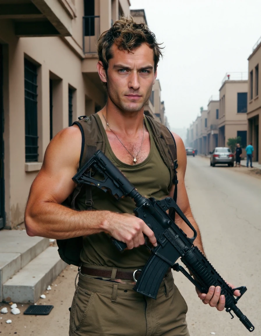 Solo, Alone, No People, Tan Athletic Body, Neutral Expression, Looking At Something In The Distance, Eyes Squinting, Carrying A G36 Assault Rifle That Is Pointed At The Ground, Dark Green Tank Top, Cargo Shorts, Rubble All Around, Burned Out Buildings And Vehicles, Post-apocalyptic.