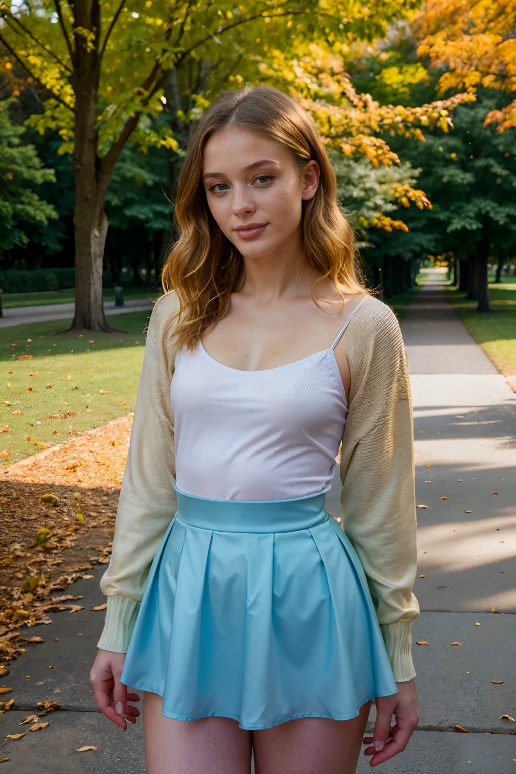 Ukrainian woman, full body, nice face, jolie corps, ((dress with blue top and yellow bottom)), smirk, (((in a large park with an opera)))