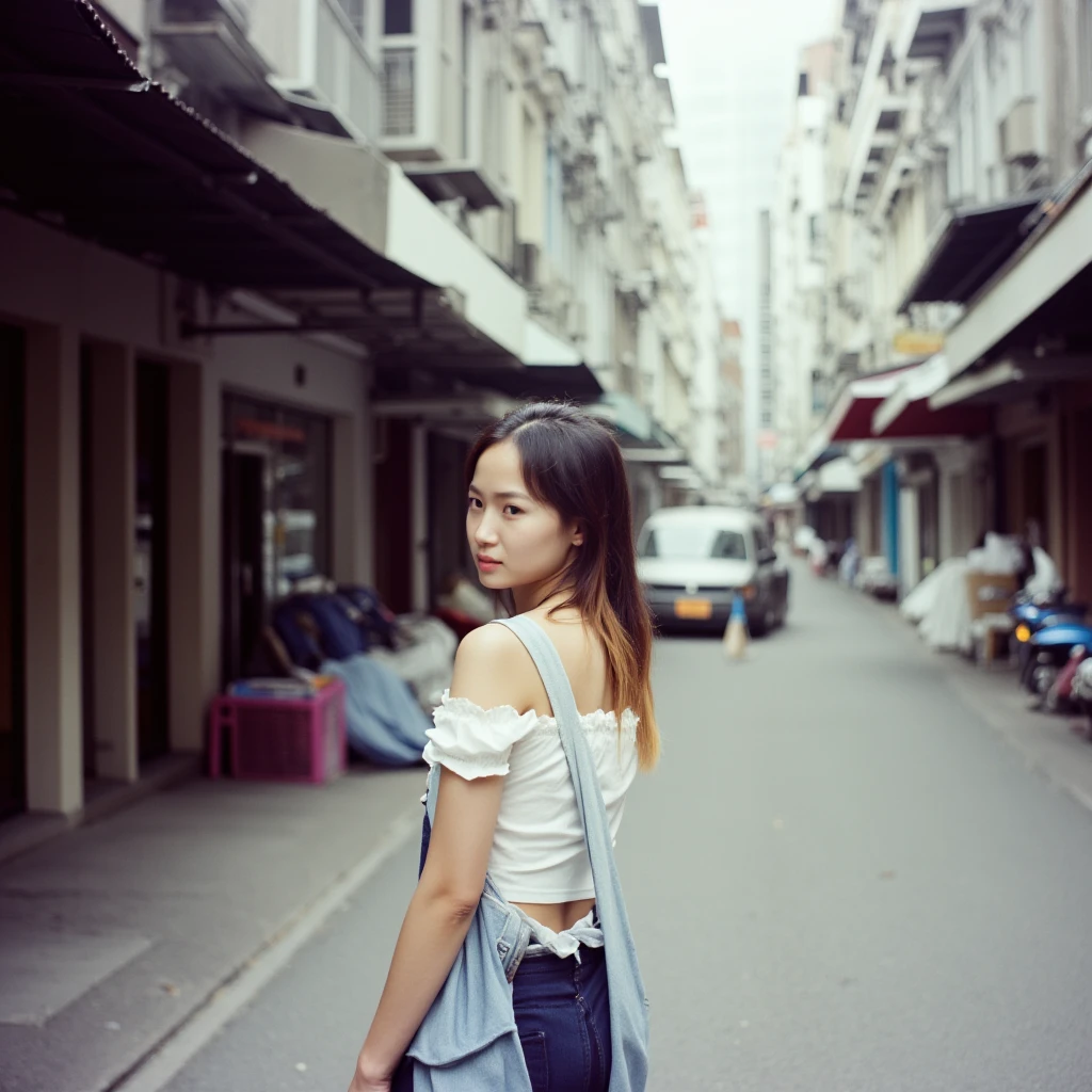 cinematic film still of <lora:Cinematic Film Stock Nolan v1:0.8>
Cinematic Film Stock Footage of a Asian woman standing on a sidewalk in a city, 5219 500T style, 5207 250D style, Fujicolor style, 5213 200T style, 5203 50D style, perfect image, perfect body, perfect anatomy, sharp image, detailed image, film color style, high quality photography, cinematic photography style, Cinematic Film Stock style, solo, looking at viewer, shirt, black hair, bare shoulders, multicolored hair, outdoors, blurry, black eyes, building, motor vehicle, car, overalls, road, street, photo background, photorealistic, brown hair, brown eyes, day, lips, blurry background, real world location, shallow depth of field, vignette, highly detailed, high budget, bokeh, cinemascope, moody, epic, gorgeous, film grain, grainy