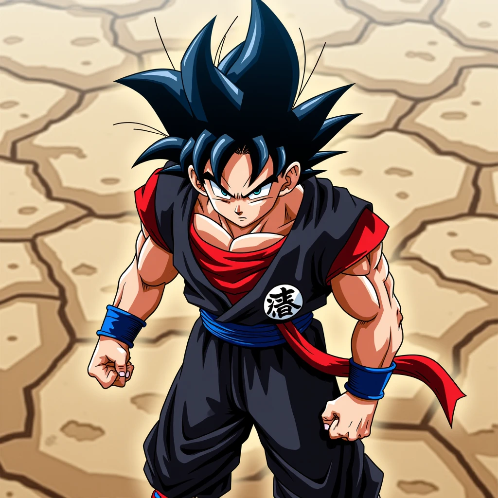 gokuwiro, A young warrior with spiky dark blue hair, wearing a black and red battle suit, fists clenched, standing on a cracked battlefield, eyes filled with intense focus.