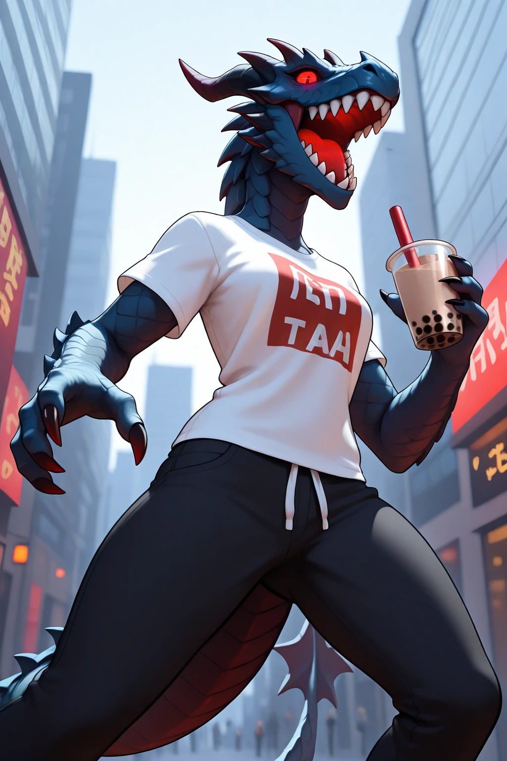 masterpiece, good quality, best quality, very awa, very as2, absurdres, highres , 3d
<lora:DragonsilluLoRA.json:0.6>dragon, teeth, sharp teeth, open mouth, (no wings), monster, scales, horns, claws, tail, spikes, glowing, red eyes, in a city, tshirt, pants, solo, holding a bubble tea, smile