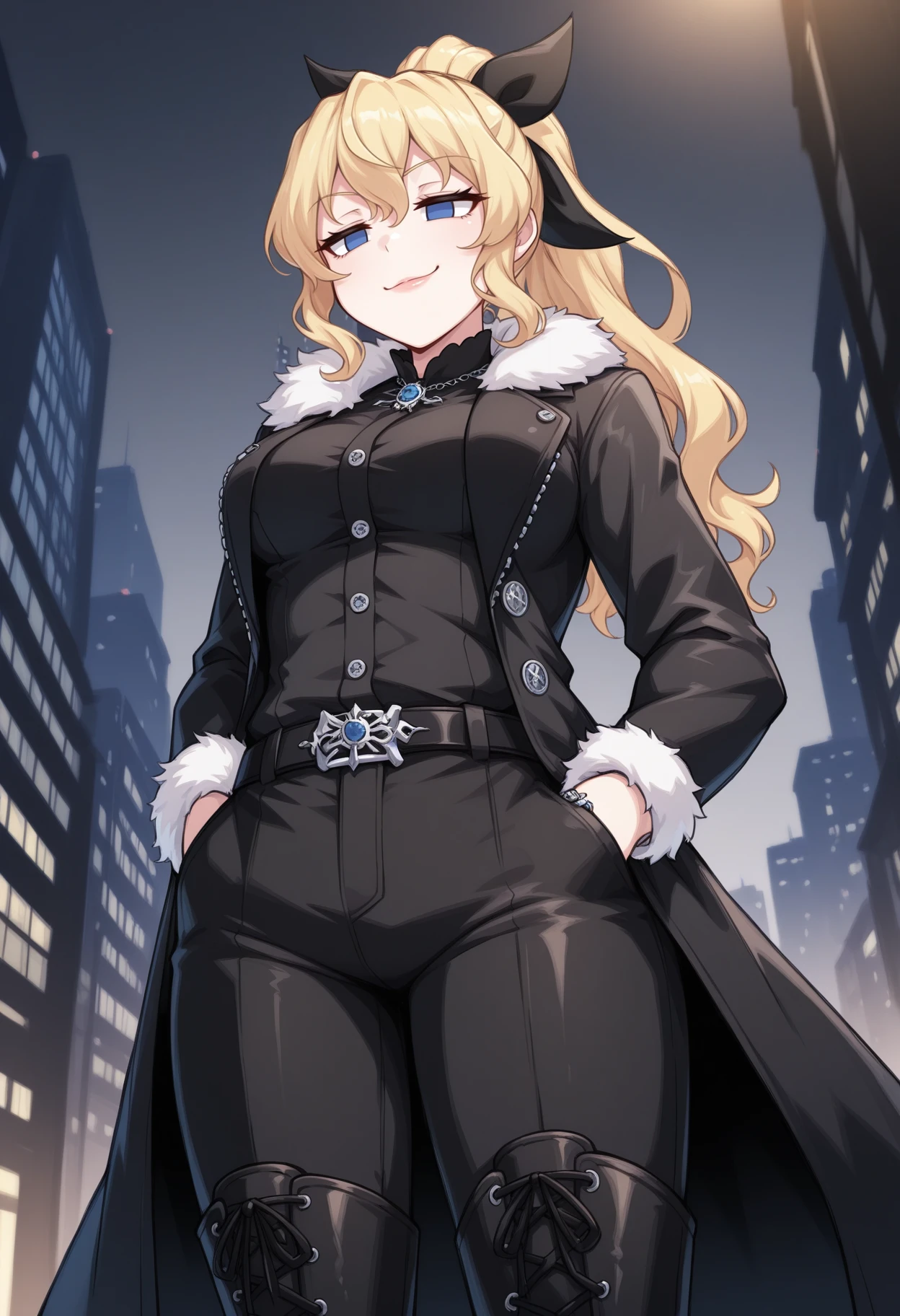 masterpiece, best quality, 1girl, solo, <lora:NSLillyKatawa:1> NSLillyMisc, blue eyes, blind, no pupils, blonde hair, long hair, ponytail, black ribbon, hair ribbon, shirt, long sleeves , fur trim, jewelry, black jacket, cowboy shot, frills, belt, pants, lips, black shirt, buttons, black pants, ring, gothic, hands in pockets, tall boots, from below, smug, city
