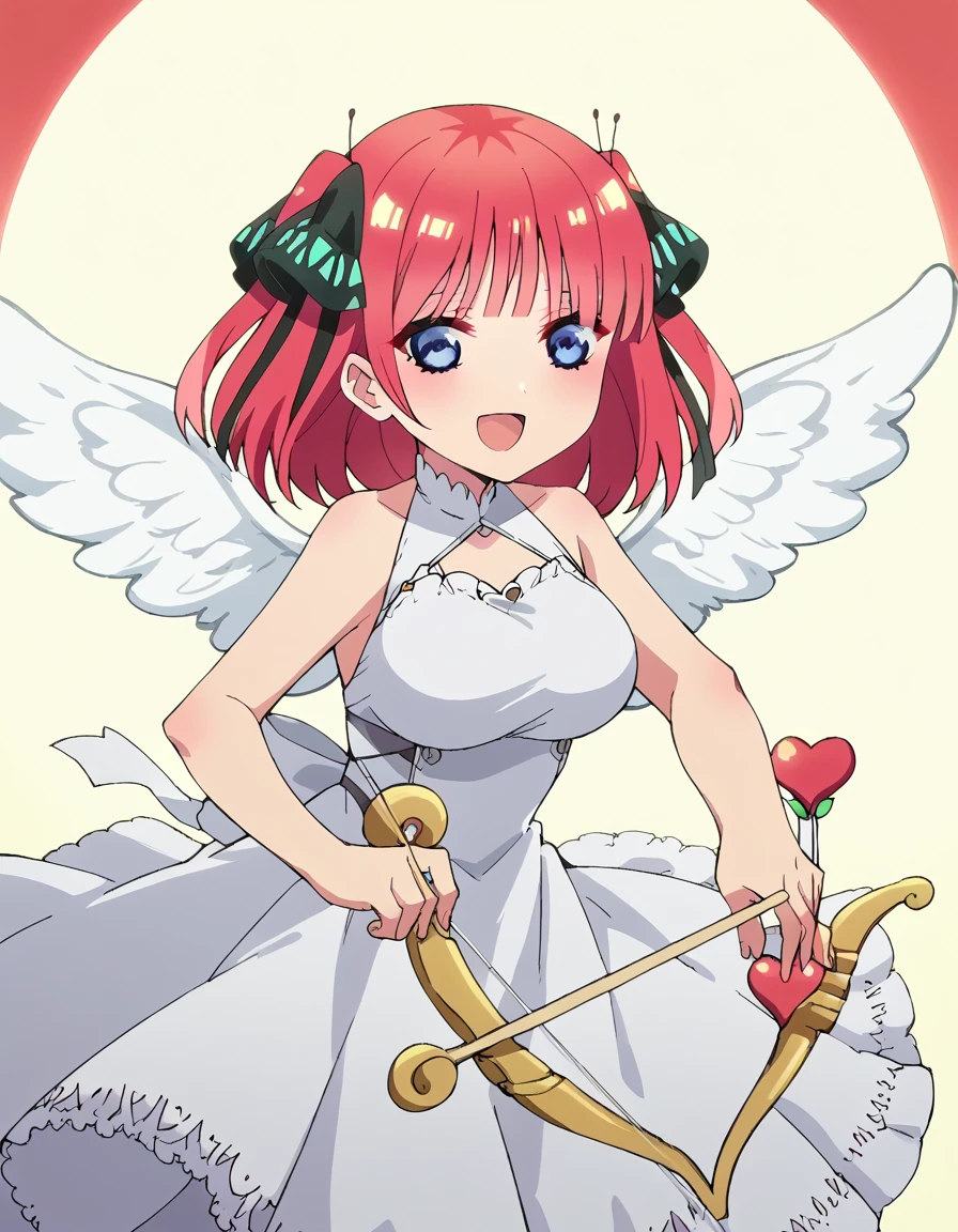 fscore_9, score_8_up, score_7_up, source_anime, <lora:nnakano-s2-ponyxl-lora-nochekaiser:1>, short hair, bangs, blue eyes, hair ornament, hair ribbon, pink hair, blunt bangs, two side up, butterfly hair ornament, large breasts, anime screencap,, <lora:cupid-ponyxl-lora-nochekaiser:1>, cupid, dress, bare shoulders, weapon, heart, wings, bow (weapon), arrow (projectile), angel, smile, open mouth, heart arrow, ,