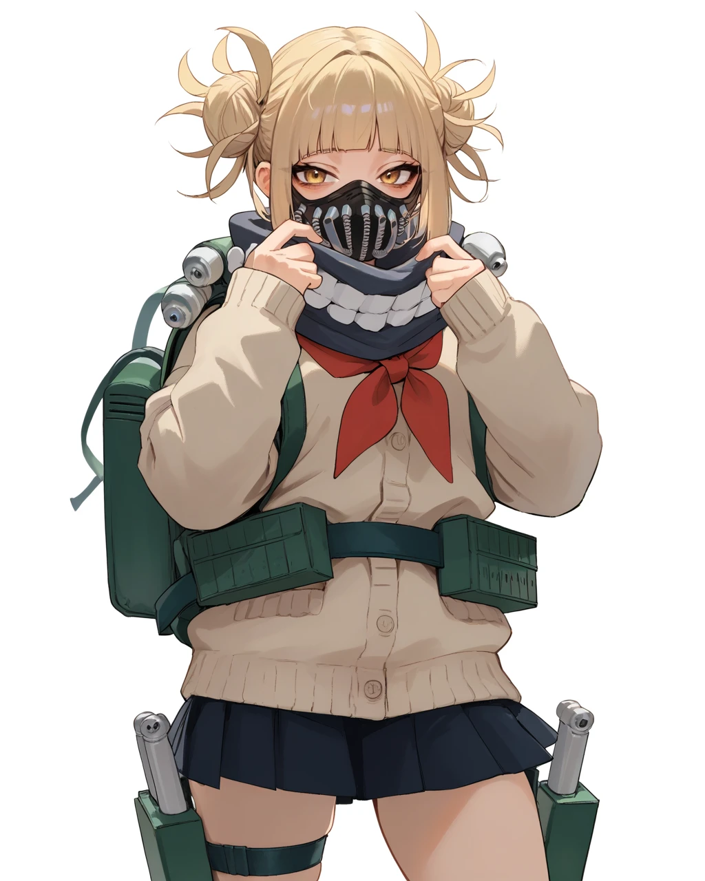 <lora:BNHA_TogaHimiko-PONY:0.9> 1girl, solo, cowboy shot, white background, bnhatoga, blonde hair, blunt bangs, double buns, yellow eyes, togasuit, mouth mask, scarf, neckerchief, cardigan, pleated skirt, school uniform, backpack, thigh straps, utility belt, score_9, score_8_up, score_7_up, score_6_up,