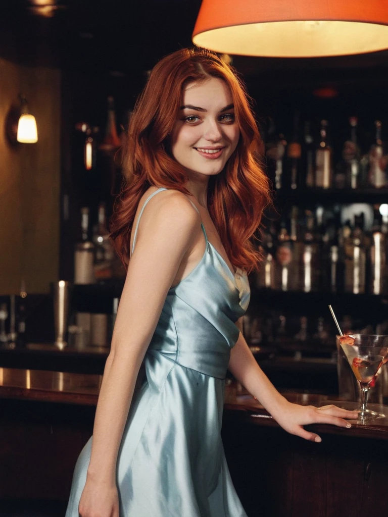 A happy, full body beautiful photo of the most beautiful redhead young woman, natural beauty, no makeup with pale skin, long wavy braided rich ginger hair, blue eyes, hollow cheeks, freckles on face and body, in an elegant black dress, wearing a silver catholic necklace and female silver watch in a fancy restaurant at sunset (Ultra details, High Quality)