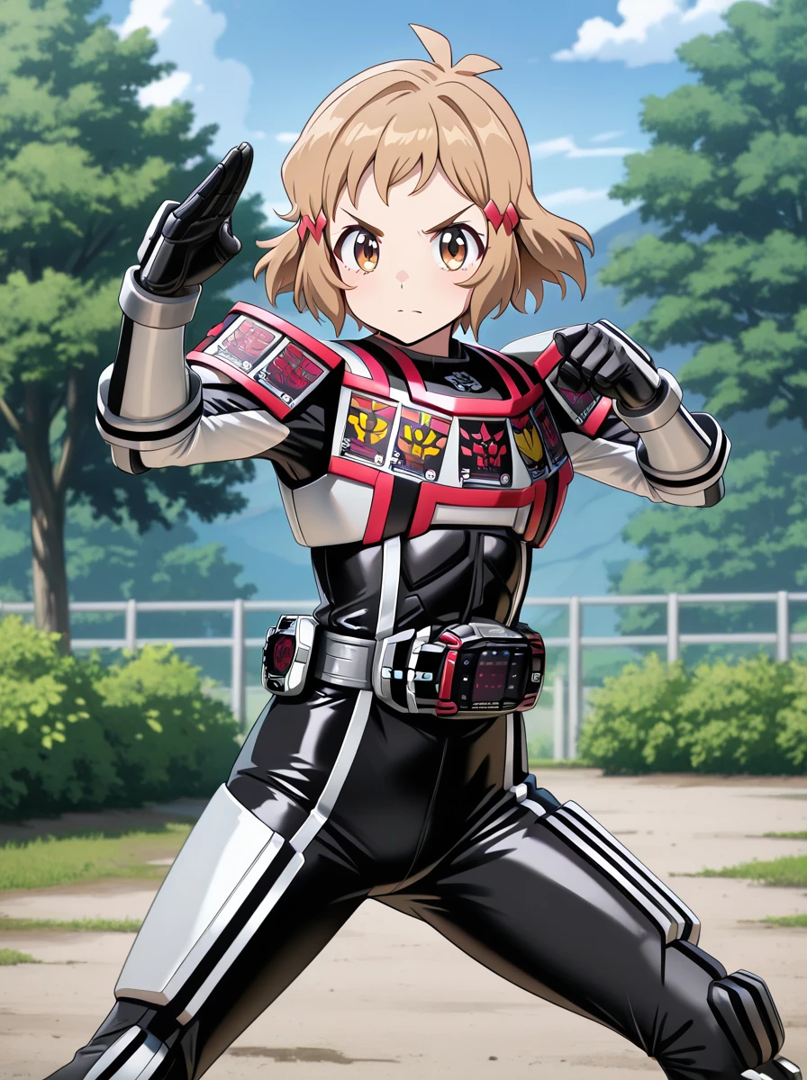 masterpiece, best quality, amazing quality, very aesthetic, absurdres, newest anime screenshot, anime coloring,
<lora:DecadeComplete:1>completeform, armor, solo, belt, tokusatsu, , standing, rider belt 1girl, fighting stance, looking at viewer <lora:TachibanaHibikiIlus:0.6>tachibanahibiki, 1girl, short hair, hair ornament, brown hair, brown eyes