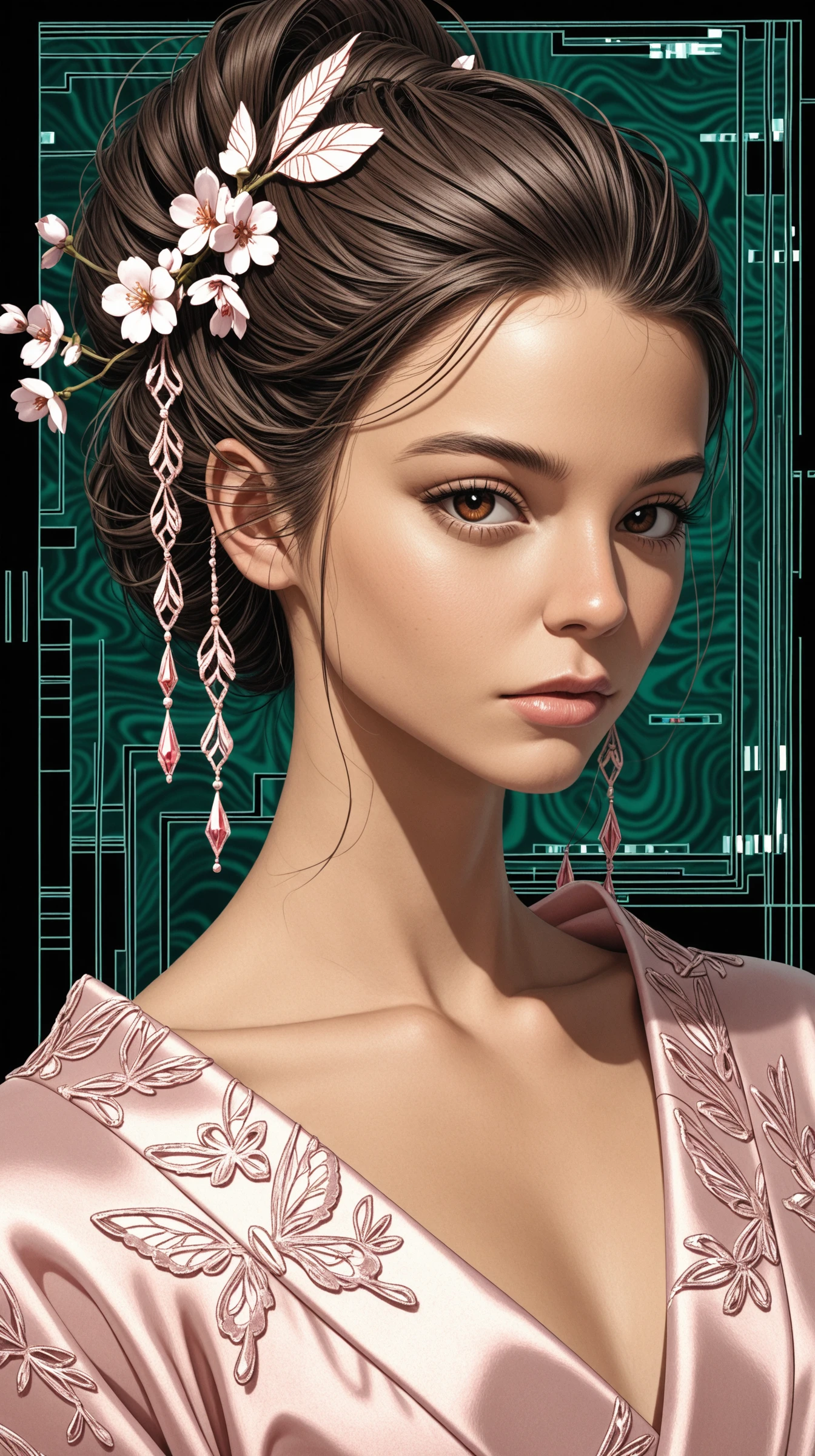 1girl, face, portrait, looking at viewer,
Glitch Art,, masterpiece,best quality,amazing quality,very aesthetic,absurdres,newest,detailed eyes, realistic body,
brown eyes, haute couture, half updo hair, kimono dress,
face focus, upper body view, dynamic angle,
(one giant square in background:1.4), abstract background, minimalistic composition, dark green background details, floating hair, futuristic interior, fauna print in background, cherry blossoms,
light from one side, dark shadow,