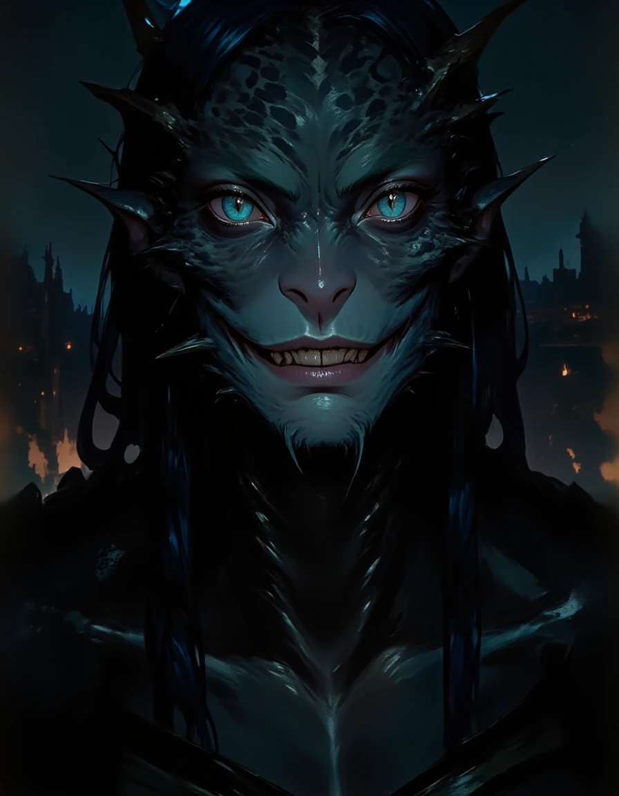 <lora:zimora-style:0.7>, <lora:naga-lamia-concept:1>, A close-up portrait of a naga with sharp predatory features. Her dark obsidian-like scales shimmer under the torchlight contrasting with her pale almost translucent humanoid skin. Her slitted eyes glow with an eerie blue hue. Her lips are curled into a sly almost amused grin revealing venomous fangs. The background is dark and blurred with the faint outline of ruins behind her, n4g4, z1mora