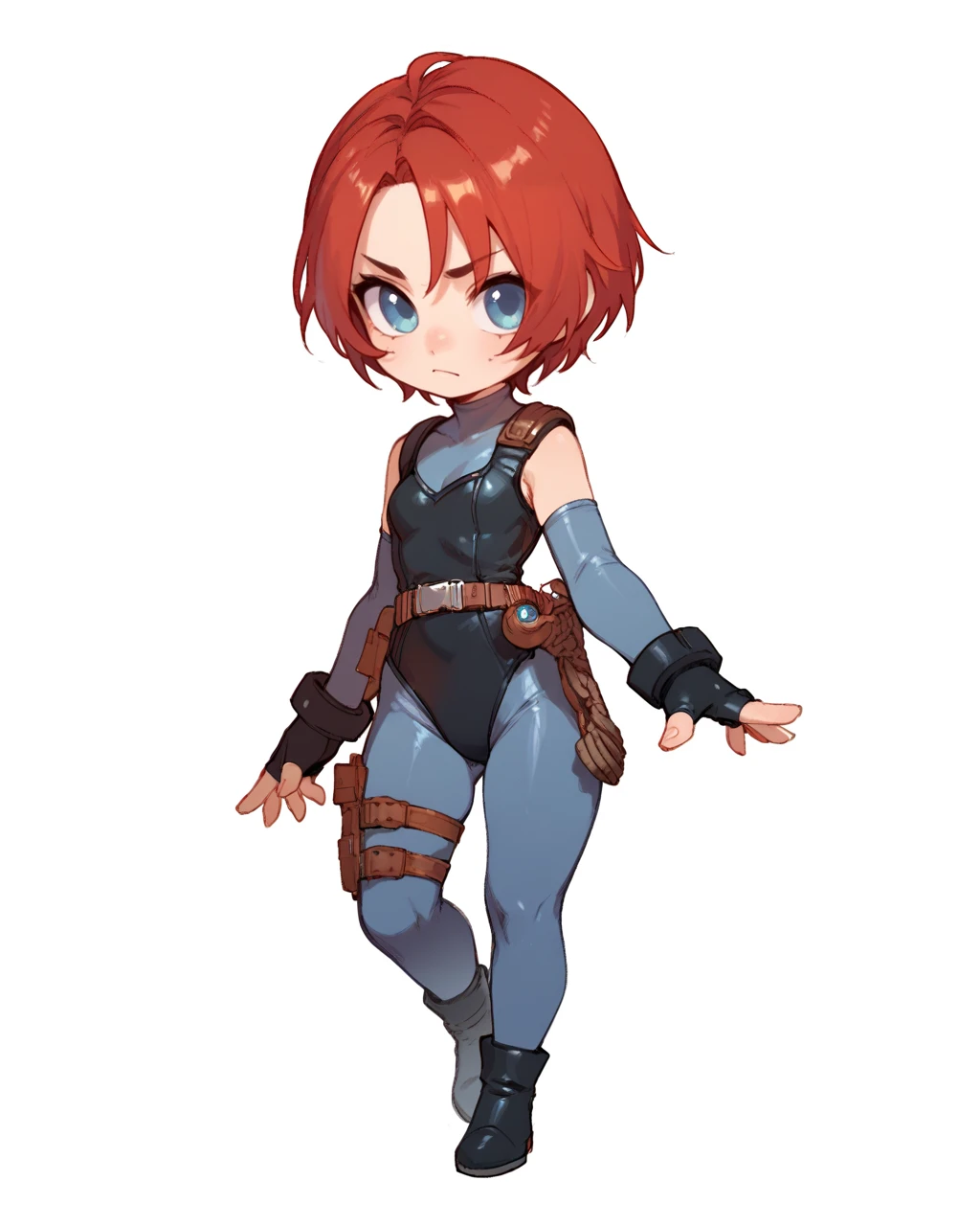<lora:DinoCrisis_Regina-PONY:0.8> 1girl, solo, chibi, full body, white background, red hair, short hair, blue eyes, leotard, bodysuit, detached sleeves, fingerless gloves, belt, thigh holster, score_9, score_8_up, score_7_up, score_6_up,