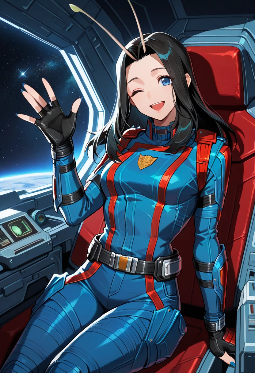 masterpiece, best quality, newest, absurdres, highres, <lora:RivalsMantisIllustrious:0.9>, MNTGOTG, antennae, black hair,blue eyes, long hair, blue jacket, utility belt, blue pants, black gloves, fingerless gloves, blue nails, cockpit, glass, waving one eye closed, smile, open mouth, 1 girl, solo, space, stars, sitting,