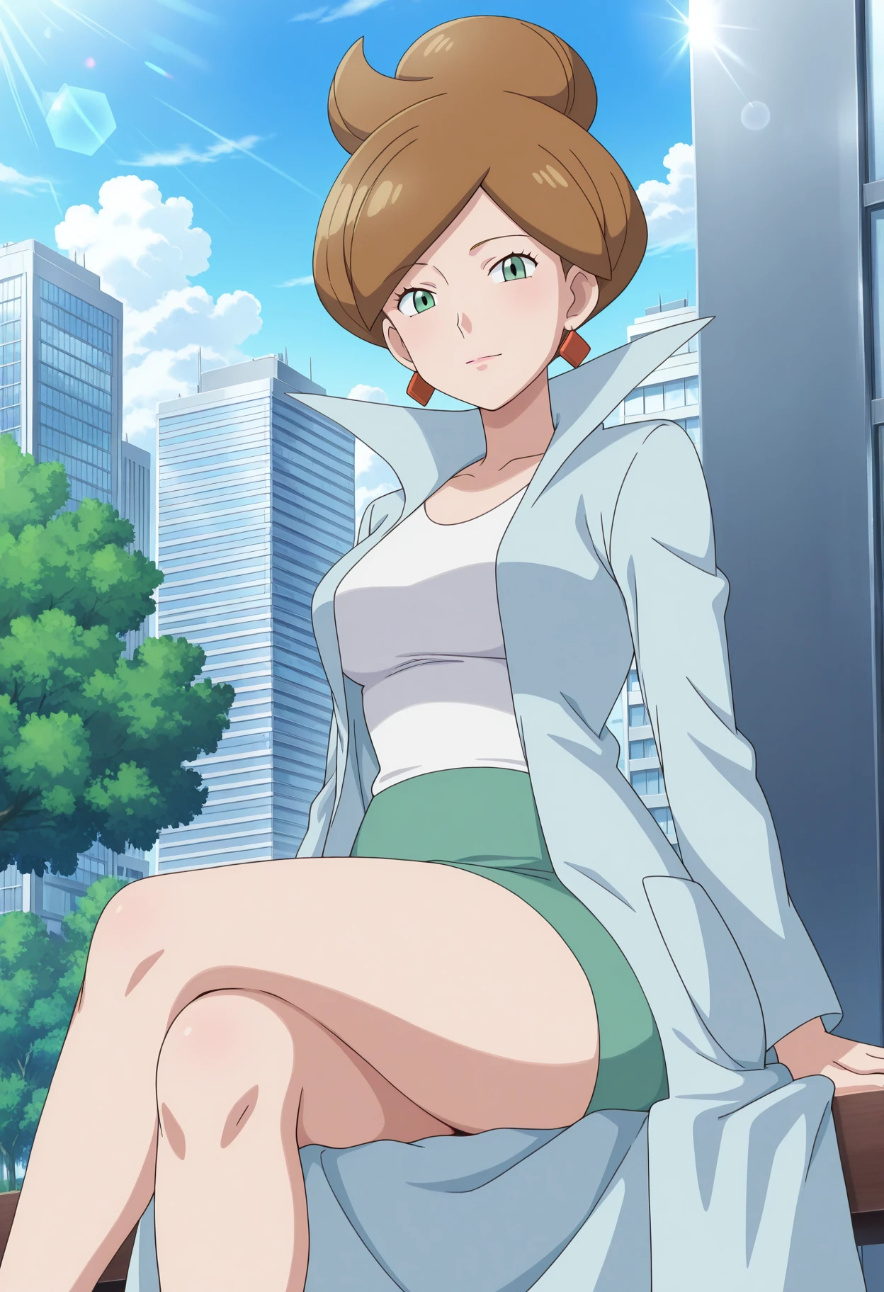 masterpiece, absurdres, newest, 1girl, solo, c-juniper, mature female, green eyes, hair bun, brown hair, lab coat, green skirt, earings, white shirt, long sleeves, outdoors, city, day, lens flare, dramatic lighting, looking at viewer, mature female, anime screencap, thighs, sitting,
