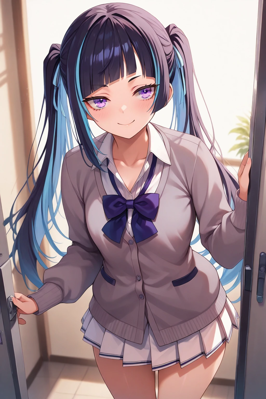 masterpiece, best quality, absurdres, safe
1girl yuki himeno twintails purple eyes purple hair blac hair purple eyes streaked hair
grey cardigan, white shirt, white skirt, pleated skirt, smile
<lora:cote_aio_il_6_v1_d32:1>