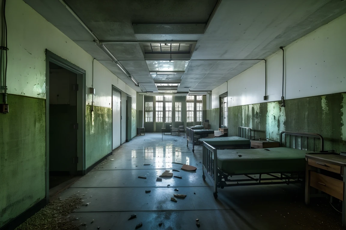 <lora:JJsAbandonedHospital:0.85> , ((Abandoned Hospital)), ((masterpiece)), ((best quality)), scenery, indoor, realistic, soft lighting, high detailed, center composition, door, window, bed, hall way, vine, lamp, desk, bottle, dirty, moss, crack, medical equipment, dust, soil, broken glass, gray wall,, photography, capturing moments, storytelling, creative composition