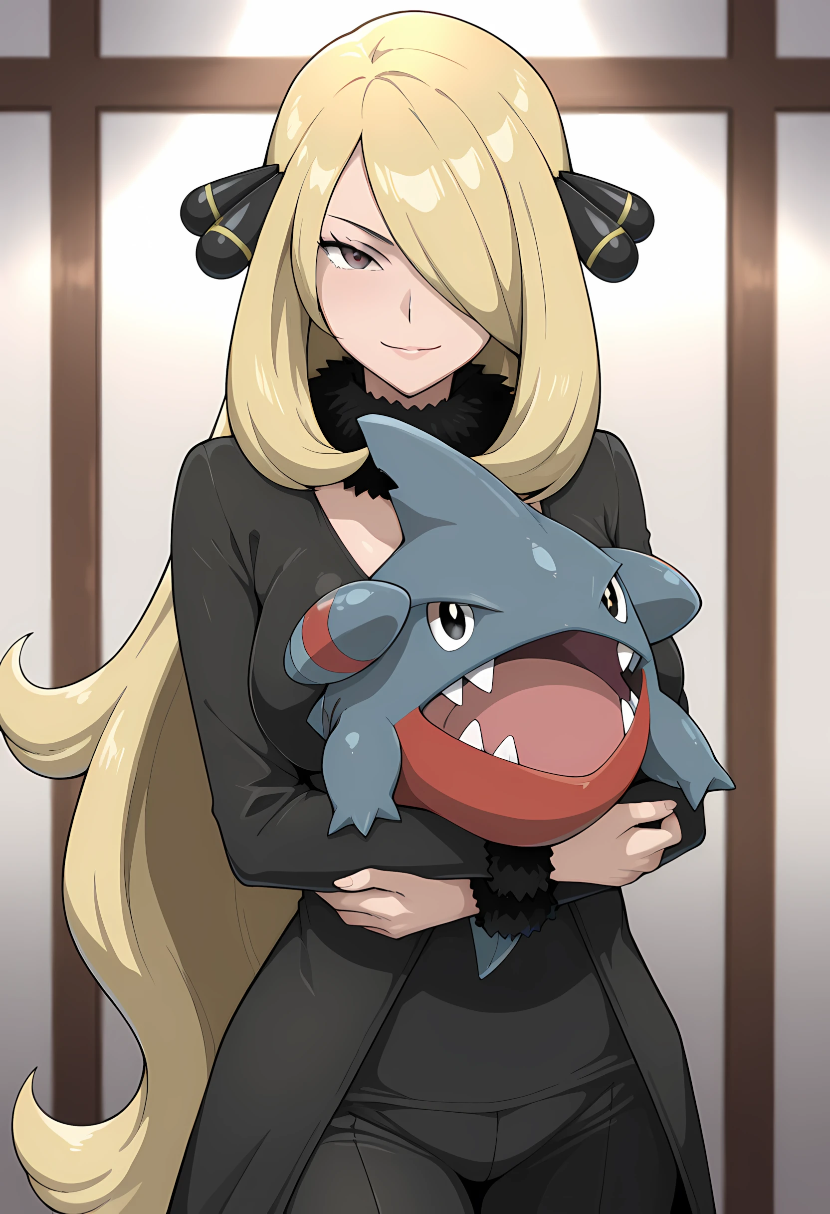 masterpiece,best quality,amazing quality, 0bc1w, cynthia (pokemon), looking at viewer, grey eyes, holding pokemon, gible,