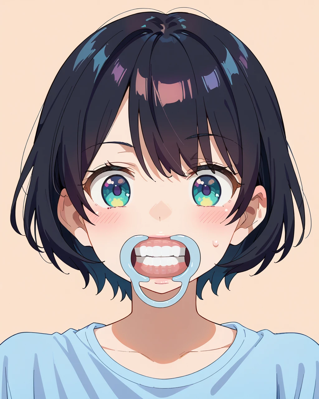 score_9, score_8_up, score_7_up, score_6_up, score_5_up, score_4_up,BREAK,source_anime ,BREAK,1 girl, young,black hair,simple background,bob cut,kawaii,cute,<lora:PONY_mouth_wider_v1:1>mouthwider,clench teeth,