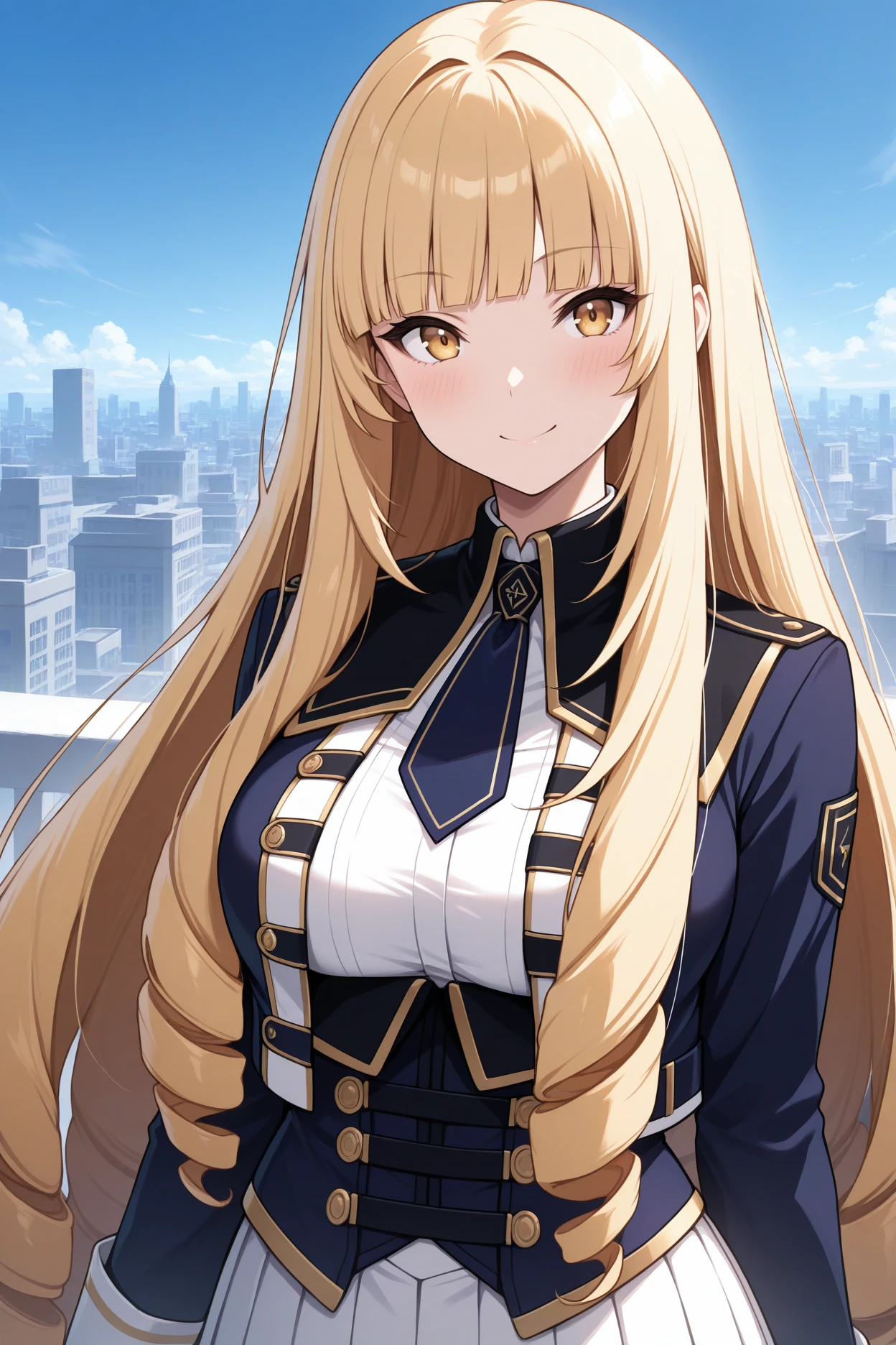 masterpiece, best quality, 1girl, solo, <lora:roseoriana-illu-nvwls-v1-000006:1> sdoriana, blonde hair, very long hair, drill hair, blunt bangs, yellow eyes, brown eyes, dark blue jacket, cropped jacket, long sleeves, dark blue necktie, white shirt, corset, white skirt, pleated skirt, upper body, looking at viewer, blue sky, city, hdr, smile, blush, breasts