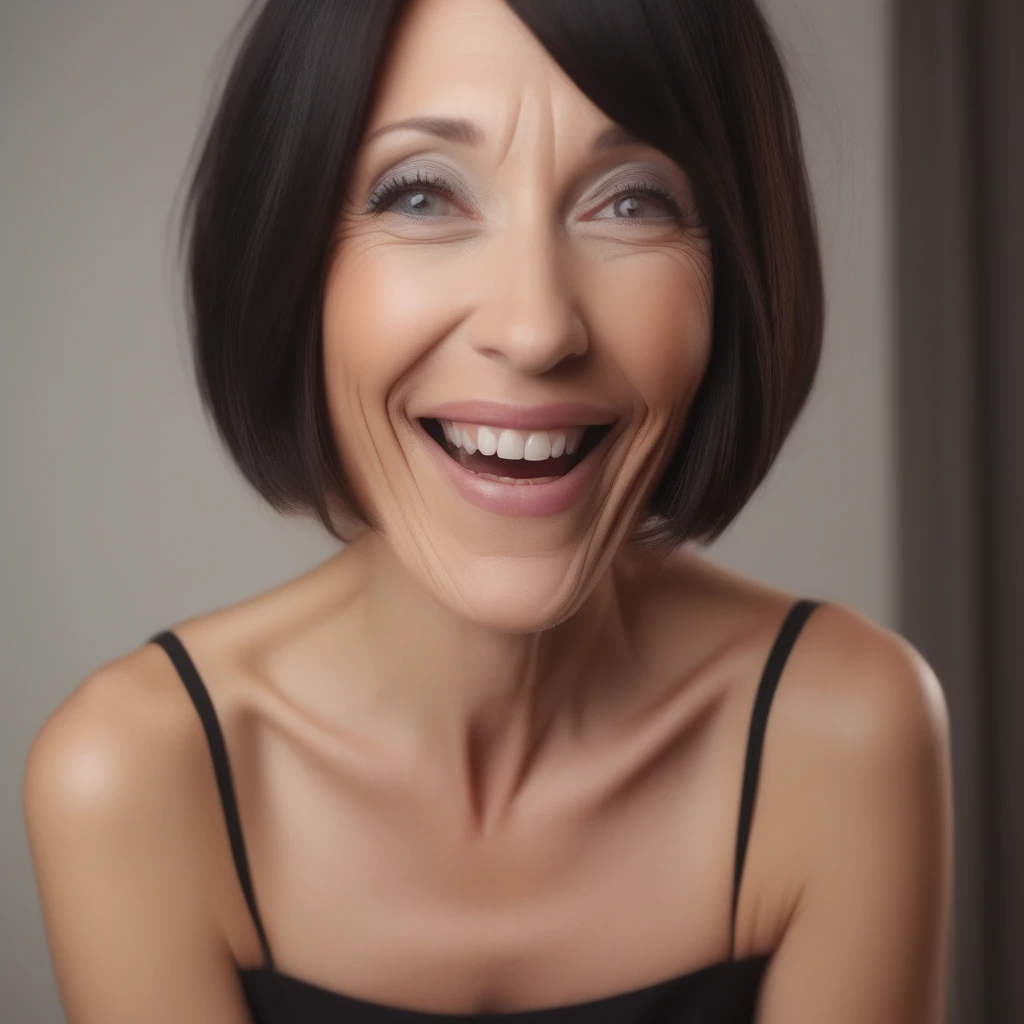 photo of a skinny very old wrinkly-faced faced mature brunette with messy long hair thrown into a messy bun ponytail. She wears: (turtleneck soft high ribbed super tight sweater:1.1), submissive seductive pose, high tight ribbed neck, seductive smile, perfect fake tits, horny eager granny, russian pornstar wife lana roy, drenched in cum, facial, real facial cum