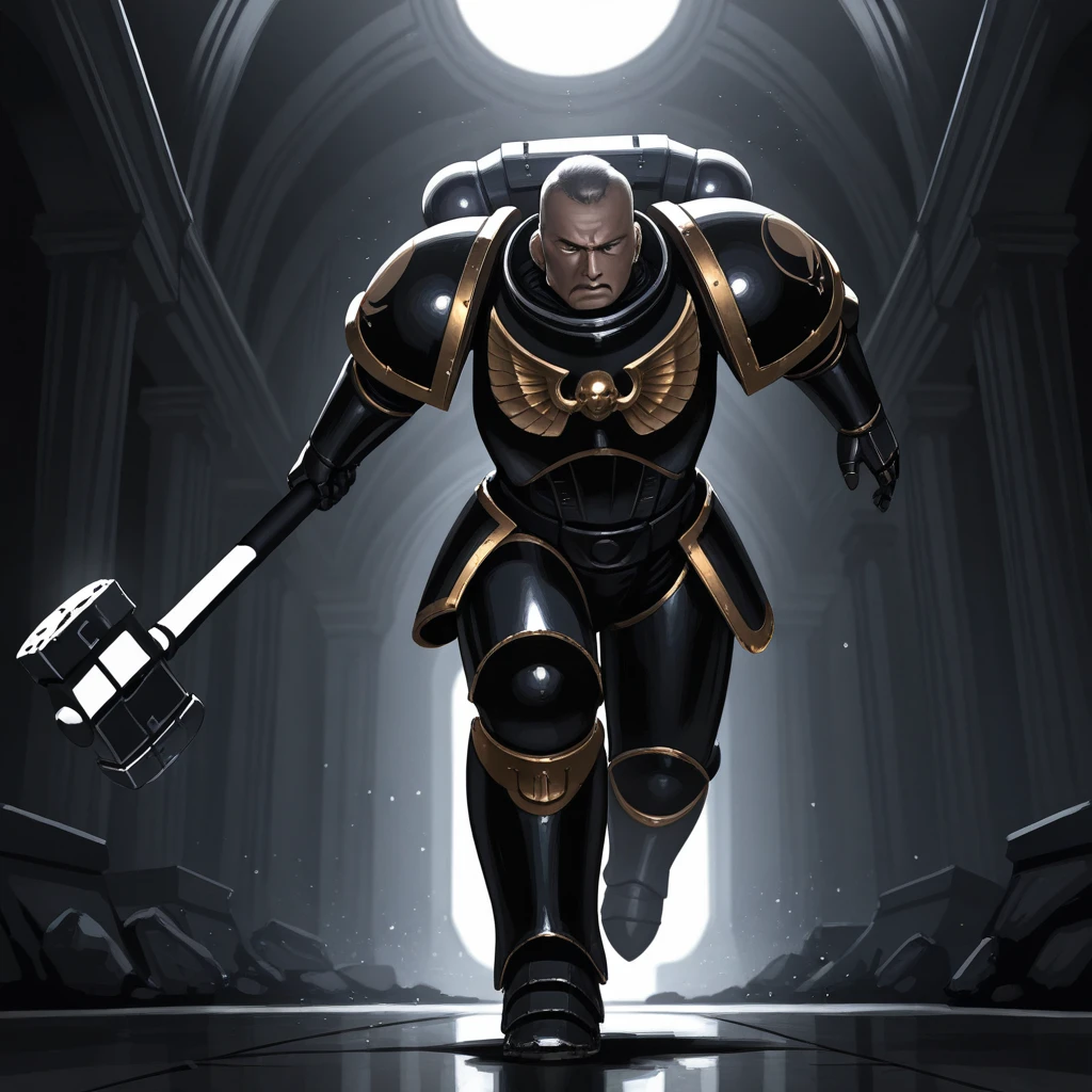 masterpiece, best quality, spacemarines, 1boy, solo, black armor, pauldrons, breastplate, gauntlets, boots, holding sword, running, <lora:SpaceMarines_Creator_warhammer_Leaf1:1>, holding hammer, light particles, black theme,
