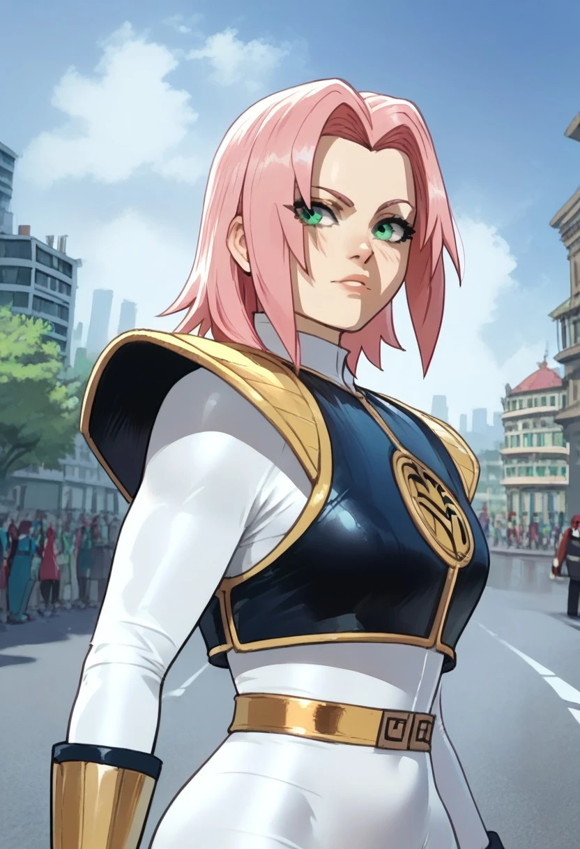 score_9, score_8_up, score_7_up
, masterpiece, beautiful, screencap,
<lora:sakura-haruno-s1-ponyxl-lora-nochekaiser:1>, sakura haruno, medium hair, green eyes, pink hair, parted bangs, close up, upper body,
,1 girl, wide hips, normal breast, standing, battle pose, TigermRanger, Tight suit, whie colored suit, white gloves,gold belt,black colored vest with shoulder-pads, golden vambraces,shiny gold elements,sheath, outdoors, city,