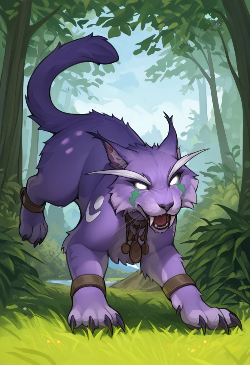 <lora:WoW_NEDruidCat_a1_1_NoobXL-eps:1>,<lora:EatSleep1111StyleSDXL11:0.7>,<lora:merrytailSDXLstyle:0.3>,eatsleep1111,merrytail,masterpiece,best quality,amazing quality,high quality,very aesthetic,absurdres,newest,shaded,digital media \(artwork\),depth of field,wownedrucat,solo,feral,detailed background,forest,dynamic pose,white eyes,no sclera,three-quarter view,green eye markings,shoulder markings,purple fur,long eyebrows,ankle cuffs,bracelet,necklace,open mouth,fangs,