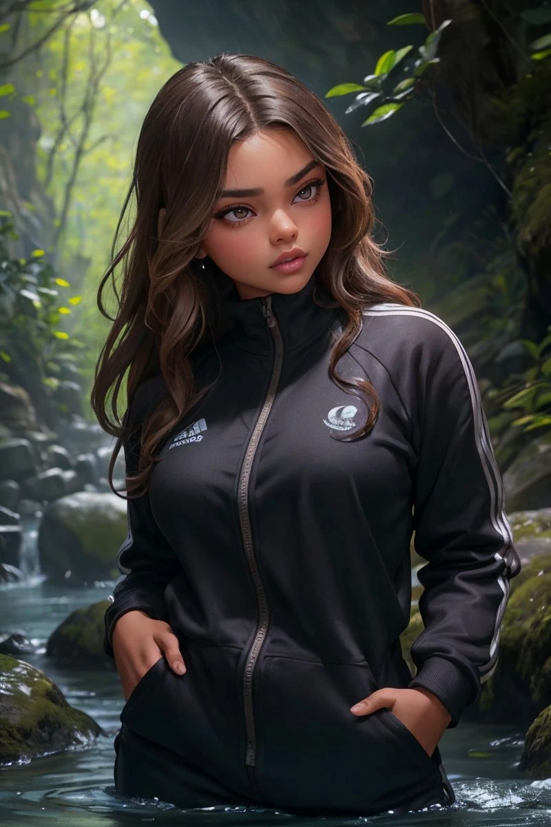 photo of S672_SofiaJamora,a stunning woman,in a (rocky gorge),wearing a (tracksuit),(wet hair),(RAW photo, best quality, 50mm, depth of field, ultra high res, intricate, photorealistic, cinematic-shot, masterpiece, ultra-detailed),