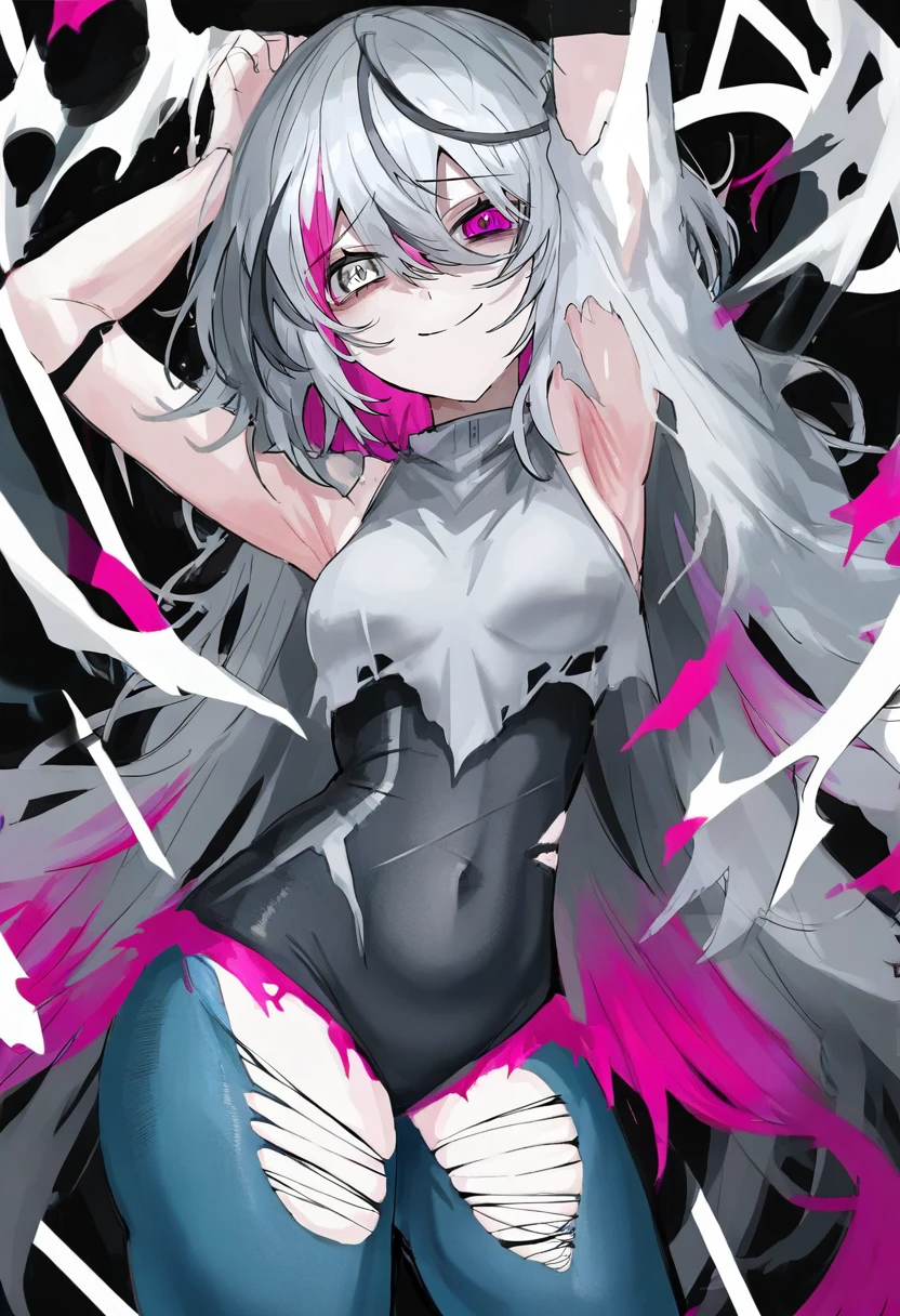 1girl,solo,glowing magenta eye,colored sclera,white hair, long hair,((pale skin,extremy white skin,hair over one eye,halo pink)), sharp teeth, open mouth,(medium breasts),((white bra,white bikini,hidden arms,white skirt,bare feet,villain,psycho,villain smile, psychopath,sexy)),(((standing in front a ruins in night,masterpiece,hd,best quality,8k,detailed face,close-up,flashes of pink light around))),(((she is creating flashes of pink light with magic))))