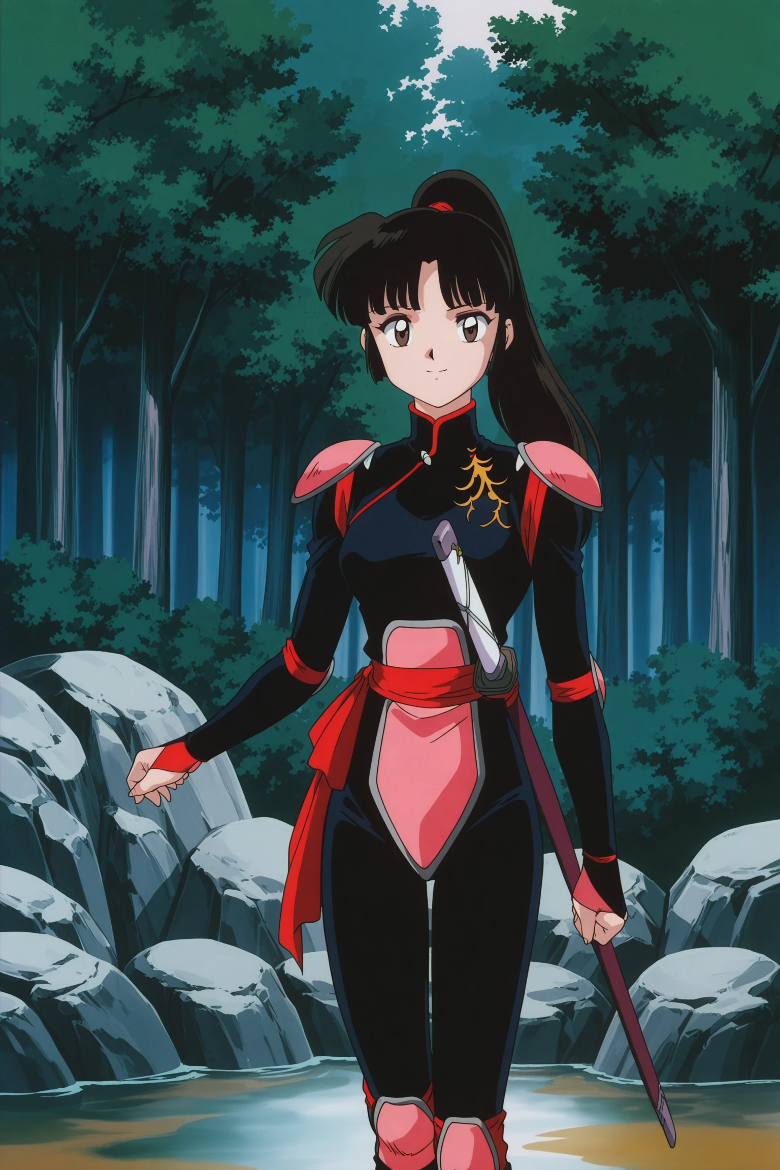 retro anime, 2000s (style), retro artstyle, anime coloring, anime screencap,
outside, forest, trees, steamy hot spring,
<lora:Sango_Inuyasha_2000s_art_style_-_Illustrious_V3:.9>
Sango's demon slayer outfit, 1girl, weapon, solo, sword, ponytail, shoulder pads, bodysuit, armor, black hair, long hair, knee pads, brown eyes, boots, cowboy shot, looking at the viewer, smile