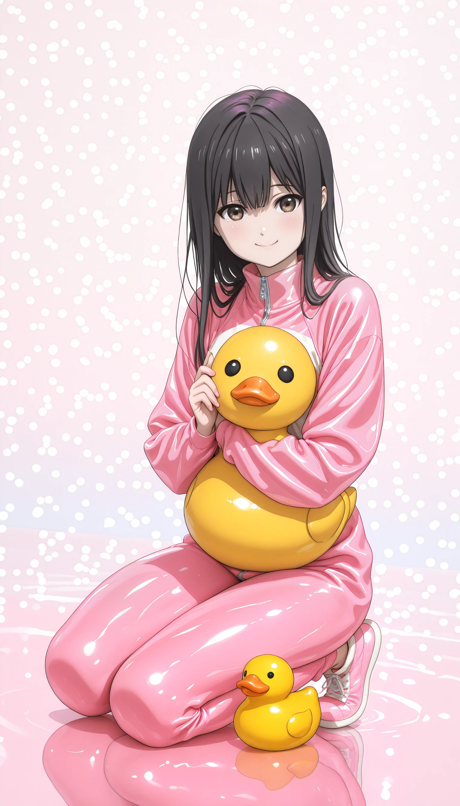 ((SK-Illu, sakai_kyuuta, 1girl, long black hair, Asian, cosplay, biohazard (series), M (biohazard), rubber duck, pink rubber duck, yellow rubber duck, stacked rubber ducks, holding, kawaii, cute, smile, pastel colors, bright colors, photograph, looking at viewer, solo, full body, cheerful, playful, pastel background, colorful, whimsical, toy, props, cheerful expression, vibrant, modern, playful atmosphere, detailed, high quality, colorful lighting, pastel aesthetic.))