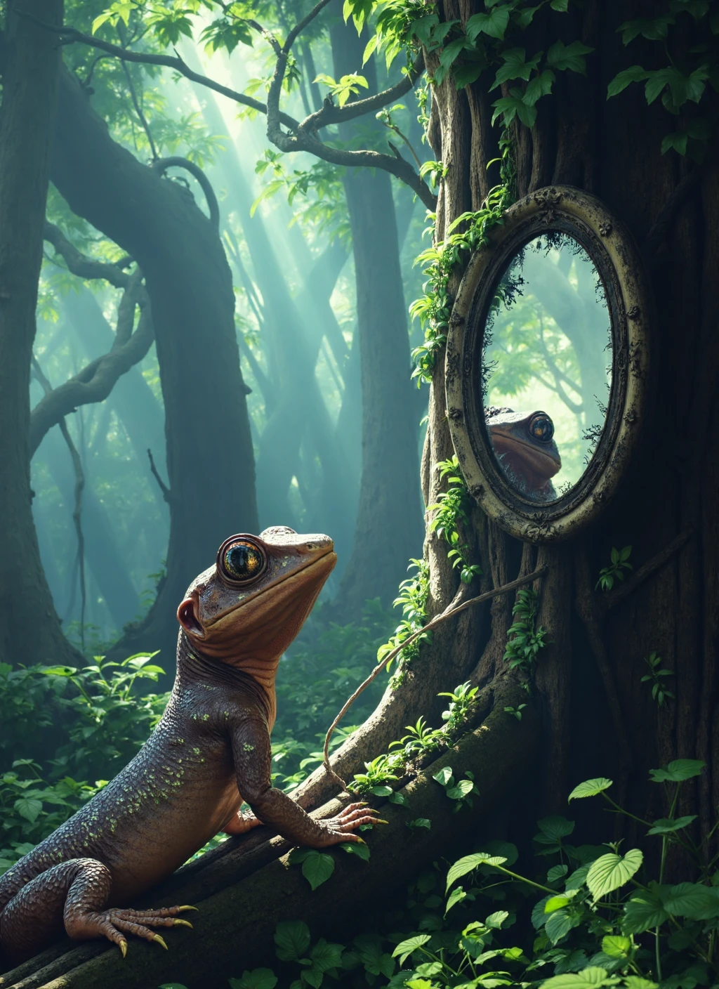 { "T5": "A hyperrealistic photograph of a salamander in a dense, vibrant forest, with the camera positioned at a 45-degree angle to capture the salamander's side profile as it approaches a mirror mounted to the trunk of a towering tree, the salamander's reflection staring back from the mirror's surface, which is slightly weathered and worn, with leaves and moss clinging to its edges, the salamander's skin detailed with tiny, glowing spots and a moist sheen, its eyes large and rounded with vertical pupils, the forest floor a tapestry of ferns, leaves, and twisted roots, with dappled sunlight filtering through the canopy above, casting intricate patterns across the scene", "CLIP-L": "salamander, mirror, forest, tree, reflection, hyperrealistic, detailed, vibrant, weathered, moss, leaves, ferns, roots, dappled sunlight" }