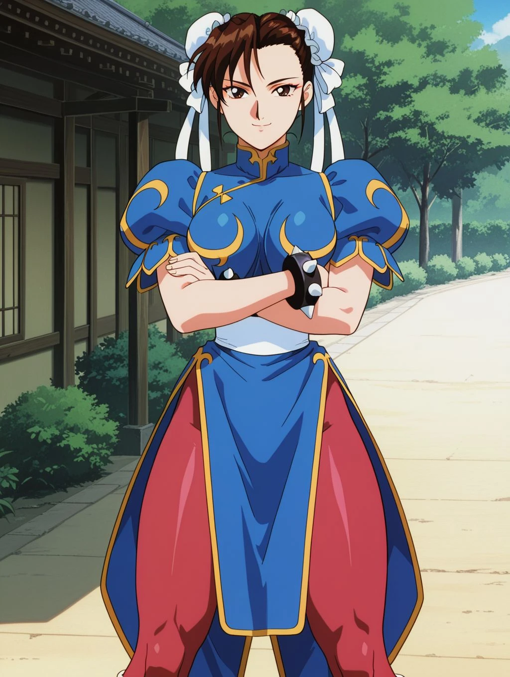 masterpiece, best quality, newest, absurdres, highres, detailed eyes, beautiful, detailed background, perfect eyes, anime coloring, anime screencap, 1990s \(style\), 1girl, solo, mature female, chun-li, brown hair, bangs, short hair, double bun, bun cover, brown eyes, medium breasts, chinese clothes, blue dress, puffy short sleeves, sash, pelvic curtain, red pantyhose, white boots, spiked bracelet, looking at viewer, smile, crossed arms, cowboy shot, (outdoors), <lora:chunli_sf2m_illus-05:0.8>