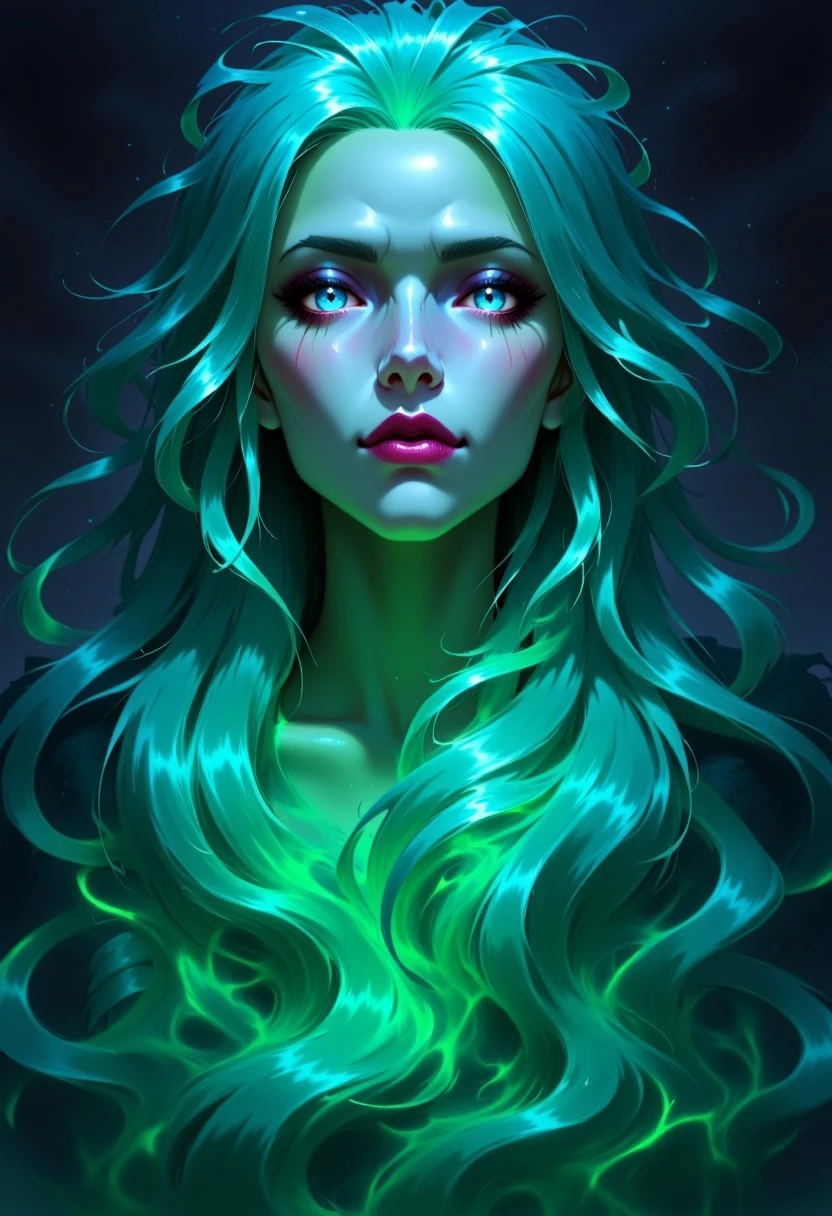 FantasyCardd-V1.0 illustration of a dark, moody, and ethereal style, featuring a hauntingly beautiful woman. The artwork is rendered in a digital medium, likely using software like Adobe Photoshop or Illustrator, with a focus on vibrant, glowing, and swirling effects. The woman has long, flowing hair that appears to be made of a glowing, ethereal substance, with colors shifting between various shades of teal and green, creating a mesmerizing, almost liquid-like texture.