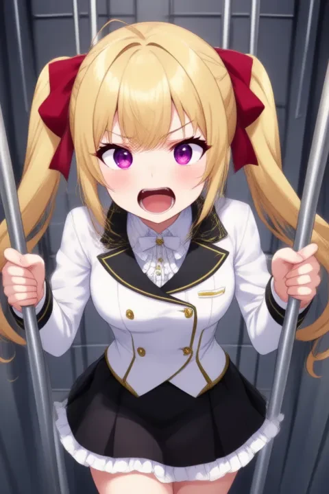 Takamiya Rion, anime-style girl. The image features an anime-style character with long blonde hair styled in twin tails, each adorned with a red bow. The character has striking purple eyes and is wearing a white blouse with black trim and gold buttons, paired with a black skirt that has a frilled hem, (She grabs the bars of her cell, stares into the camera, and screams:3.0).