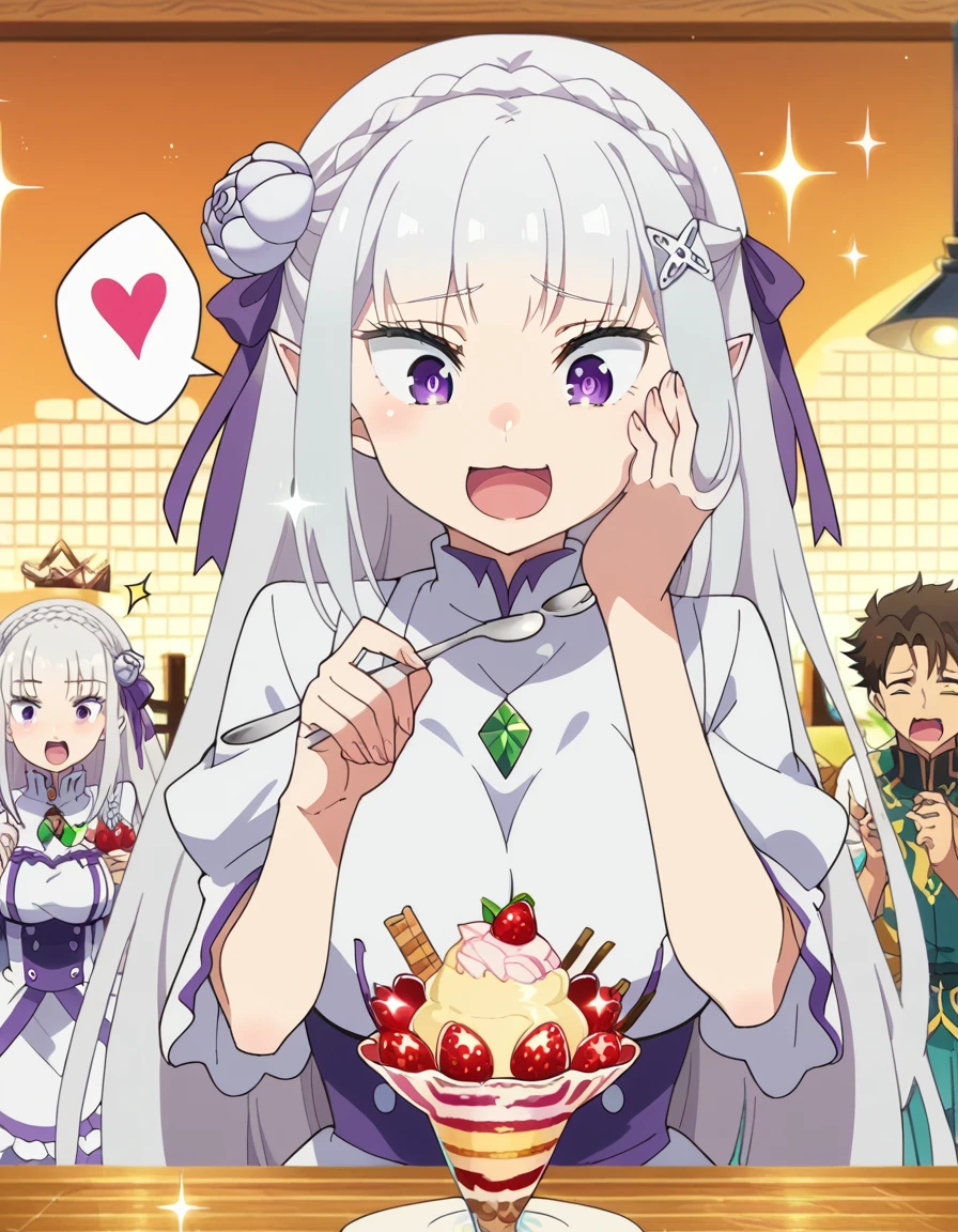 fscore_9, score_8_up, score_7_up, source_anime, <lora:rezero-emilia-s3-p1-ponyxl-lora-nochekaiser:1>, emilia, braid, crown braid, flower, hair flower, hair ornament, hair ribbon, long hair, pointy ears, purple eyes, white hair, x hair ornament, large breasts, anime screencap, <lora:parfait-ponyxl-lora-nochekaiser:1>, parfait, open mouth, heart, food, sparkle, fruit, happy, hand on own face, spoken heart, ice cream, strawberry, spoon, hand on own cheek, cherry, holding spoon, ,
