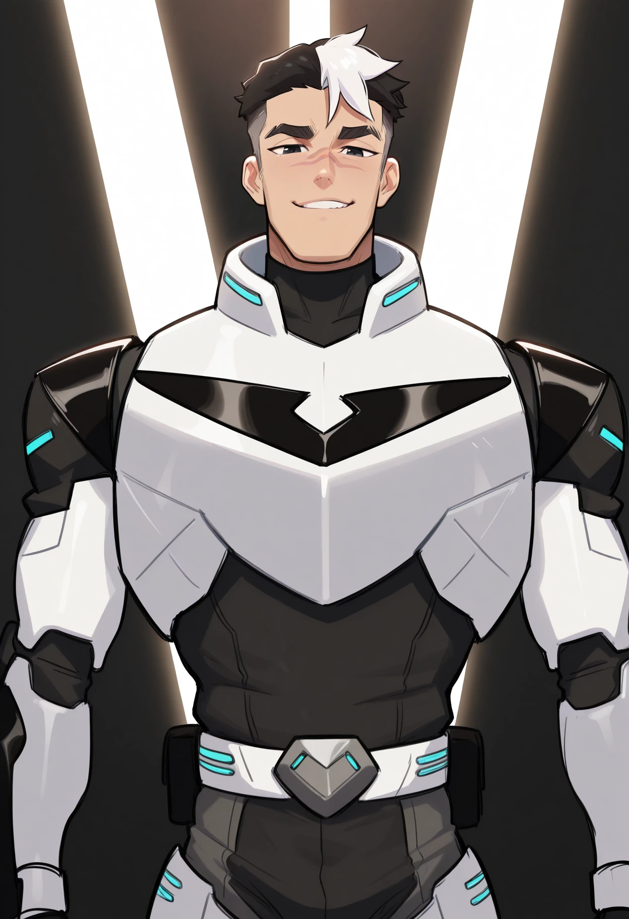 masterpiece, best quality, amazing quality, very aesthetic, absurdres, newest, male, bara, shiro_vol, black hair, undercut, multicolored hair, black eyes, upper body, armor, looking at viewer, smirk, scar on face, volumetric lighting, 