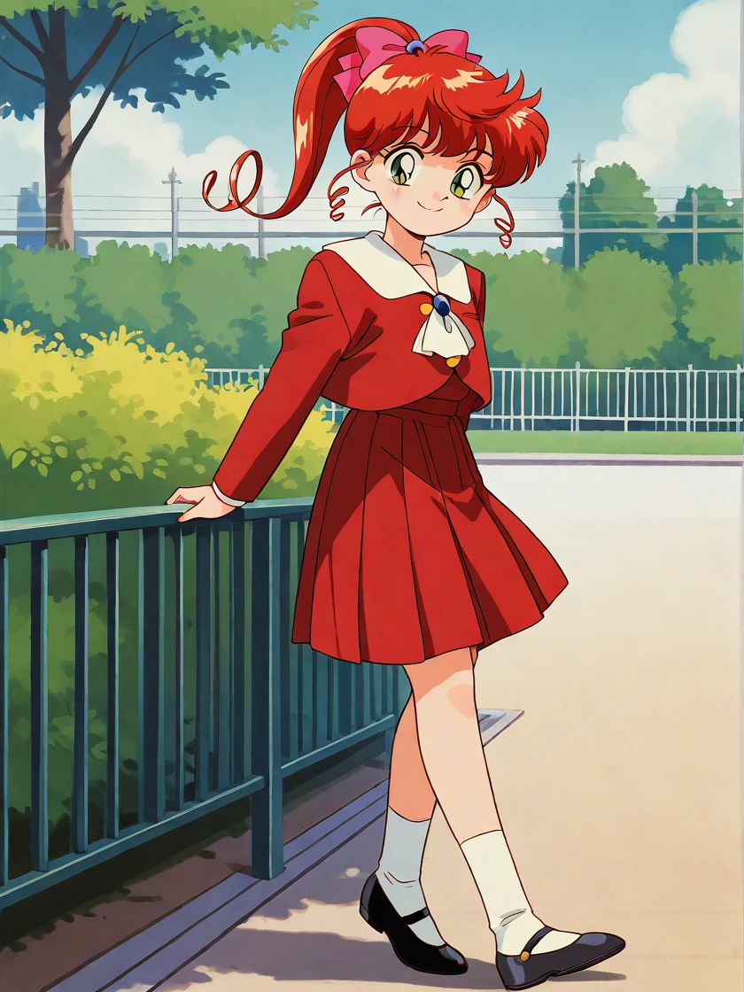 masterpiece, best quality,
1girl, solo, <lora:kokubu_karin_illustrious:1>,
kokubu karin, kokubu karin (school), retro artstyle, 1990s (style), red hair, curly hair, long hair, drill hair, ponytail, high ponytail, hair bow, pink hair bow, bangs,
green eyes,
school uniform, red school uniform, ascot, buttons, long sleeves,
pleated skirt, red skirt,
white socks, mary janes
railing, bush, fence, plant, school, outdoors, park,
smile, full body, dynamic pose
