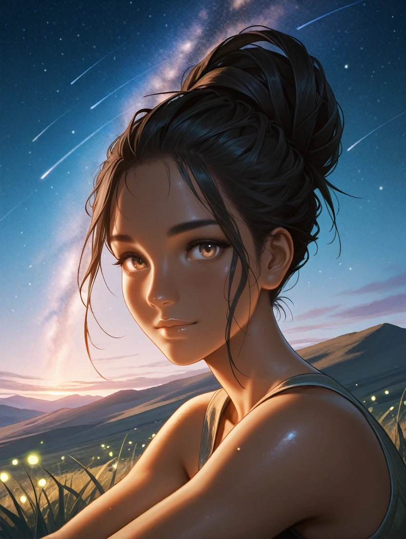 masterpiece, best quality, absurdres,
<lora:ILCyberPanam:1.0>
CyberPanam, 1girl, black hair, brown eyes, hair updo, dreads, tanned, looking at viewer, Stargazing on top of a hill, the Milky Way stretching out across the sky as fireflies gently illuminate the grass around her.