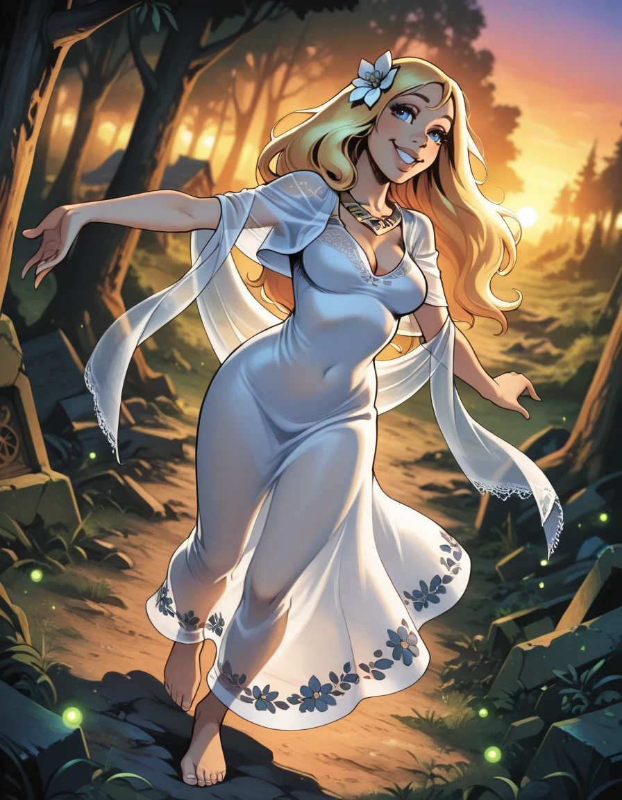 masterpiece, best quality, 1girl, solo, absurdres,
lorna,
freyjadg,
blonde hair, long hair, blue eyes,
uncensored,
hair flower, hair ornament, see-through, jewelry, shawl, dress,
dancing, barefoot,
happy, smiling,
dutch angle, from above ,
blurry background,
lips, eyelashes, eyeliner,
village, sunset, fireflies, forest,
ruins,
neon lights, glowing, dim_lighting,
blurry background,