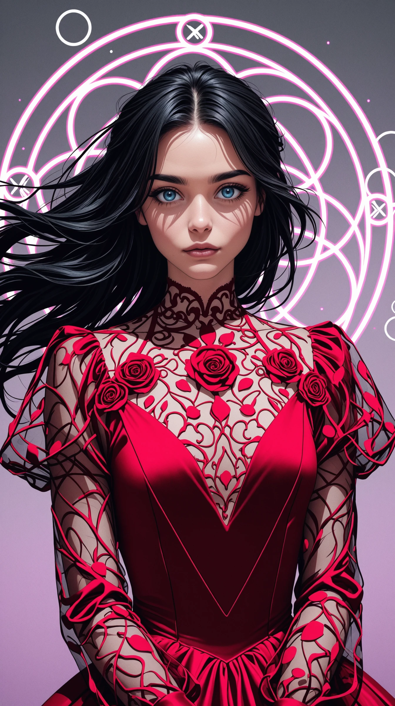 1girl, face, portrait, looking at viewer,
retro,, masterpiece,best quality,amazing quality,very aesthetic,absurdres,newest,detailed eyes,
blue eyes, black hair, red dress, dress covered with roses, haute couture,long sleeves, transparent sleeves,
face focus, upper body view, dynamic angle,
uwu posing,
(one giant circle in background:1.4), abstract background, minimalistic composition, gray background pattern, pastel purple background details, floating hair, pink neon lighting,
light from one side, dark shadow,