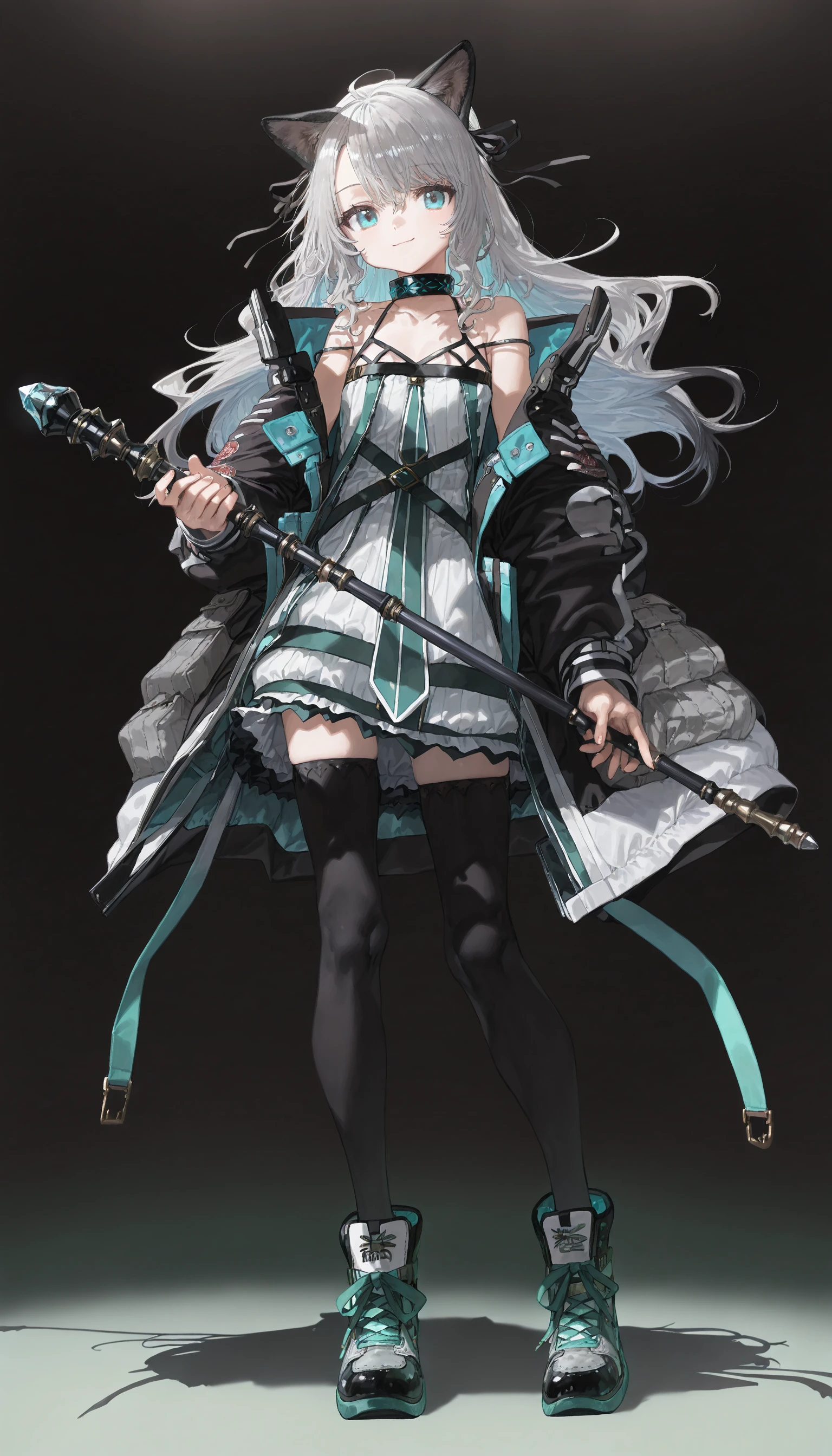 white color hair,The clothes ar,long skirt,White silk on the left hand
Black right leg stockings,High climbing shoes,Holding a blue sword
Large breasts