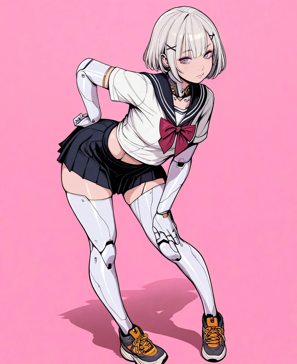 <lora:coffee2haiILLUS:1> coffee2hai,
(masterpiece), (best quality), (ultra-detailed), amazing quality, very aesthetic, illustration, perfect composition, intricate details, absurdres, incredibly absurdres, shiny skin, realistic,
coffee2hai, 1girl, pleated skirt, school uniform, serafuku, x hair ornament, pink background, mechanical parts, black skirt, purple eyes, black sailor collar, looking at viewer, red neckerchief, leaning forward, simple background, robot joints, short hair, mechanical legs, white hair, cyborg, closed mouth, shoes, short sleeves, full body, miniskirt, android, hand on own hip, white shirt, hairclip, mechanical arms, standing