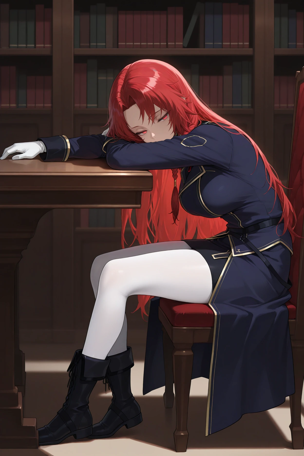masterpiece, best quality, 1girl, solo, <lora:irismidgar-illu-nvwls-v1-000006:1> imidgar, red hair, long hair, parted bangs, braid, red eyes, dark blue coat, gold trim, black skirt, white pantyhose, white gloves, black boots, looking at viewer, sitting, desk, bookshelf, chair, arms behind head, bored, half-closed eyes, feet on table, from side, full body