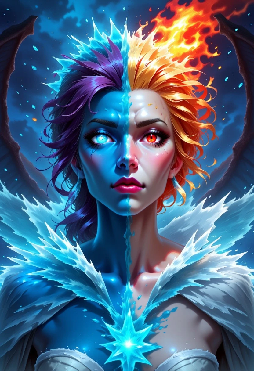 FantasyCardd-V1.0 illustration of a mysterious female entity, one half of her body and face is beautiful fire goddess angelic appearance, red eyes, flaming hair, the other half of her body and face is frozen, blue icy skin, glowing eye and hair are freezing from cold, cold breath, on her back are wings corresponding to each part of the body. cold atmosphere, cinematic, masterpiece, clear focus. Show More