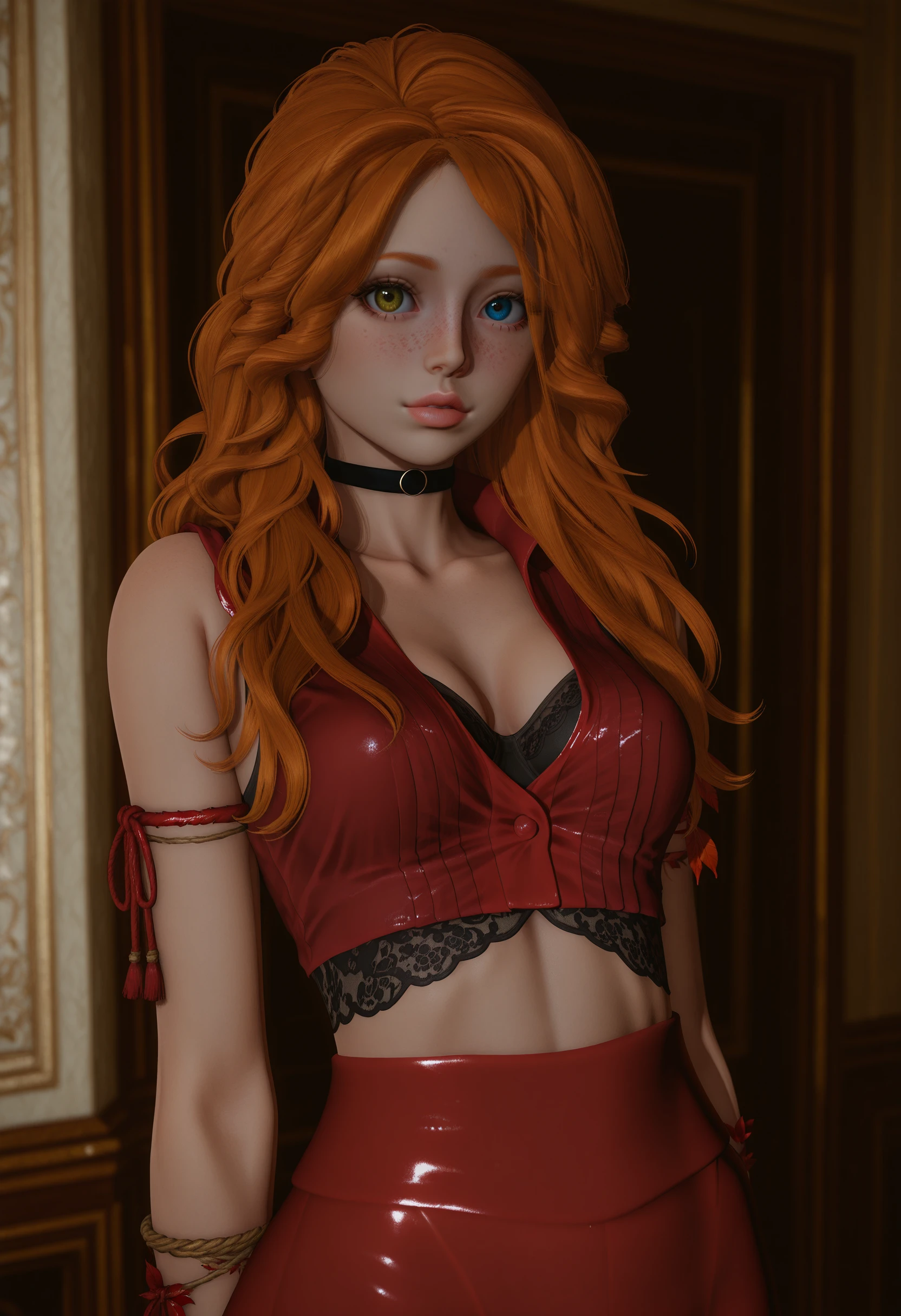 1girl, solo, orange hair, long hair, wavy hair, sleeveless, black choker, red crop top, highleg red pants, rope bracelet, lace-trimmed bra, cleavage, midriff, heterochromia, yellow eye, blue eye, looking at viewer, masterpiece, best quality, newest, absurdres, highres, depth of field, high quality, detailed, 3d, realistic, <lora:Nova ILLUST Eternum V1.8 By DreamImg:1> novaet, freckles, medium breasts