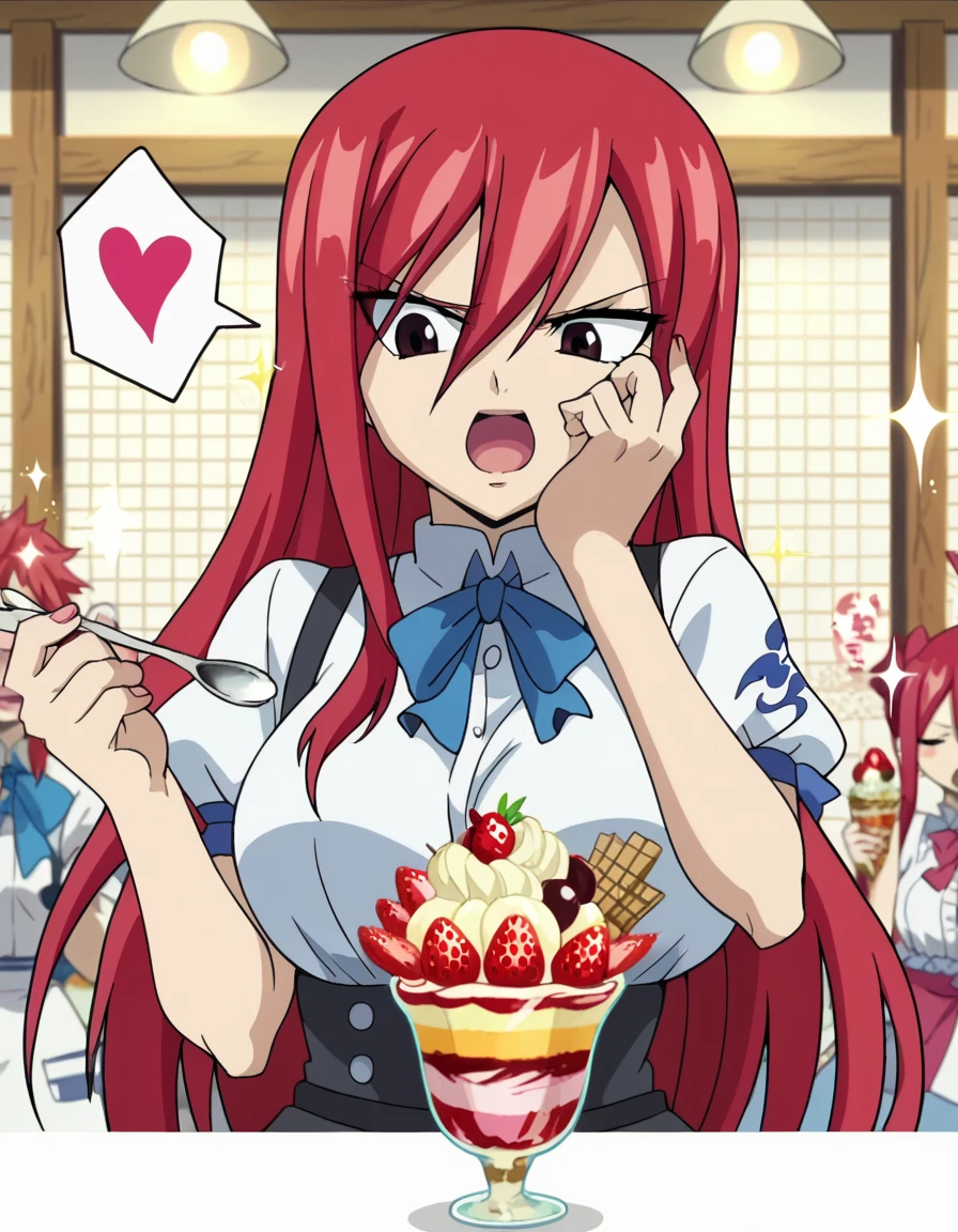 fscore_9, score_8_up, score_7_up, source_anime, <lora:erza-scarlet-ponyxl-lora-nochekaiser:1> erza scarlet, long hair, red hair, hair between eyes, brown eyes, large breasts, anime screencap, <lora:parfait-ponyxl-lora-nochekaiser:1>, parfait, open mouth, heart, food, sparkle, fruit, happy, hand on own face, spoken heart, ice cream, strawberry, spoon, hand on own cheek, cherry, holding spoon, ,