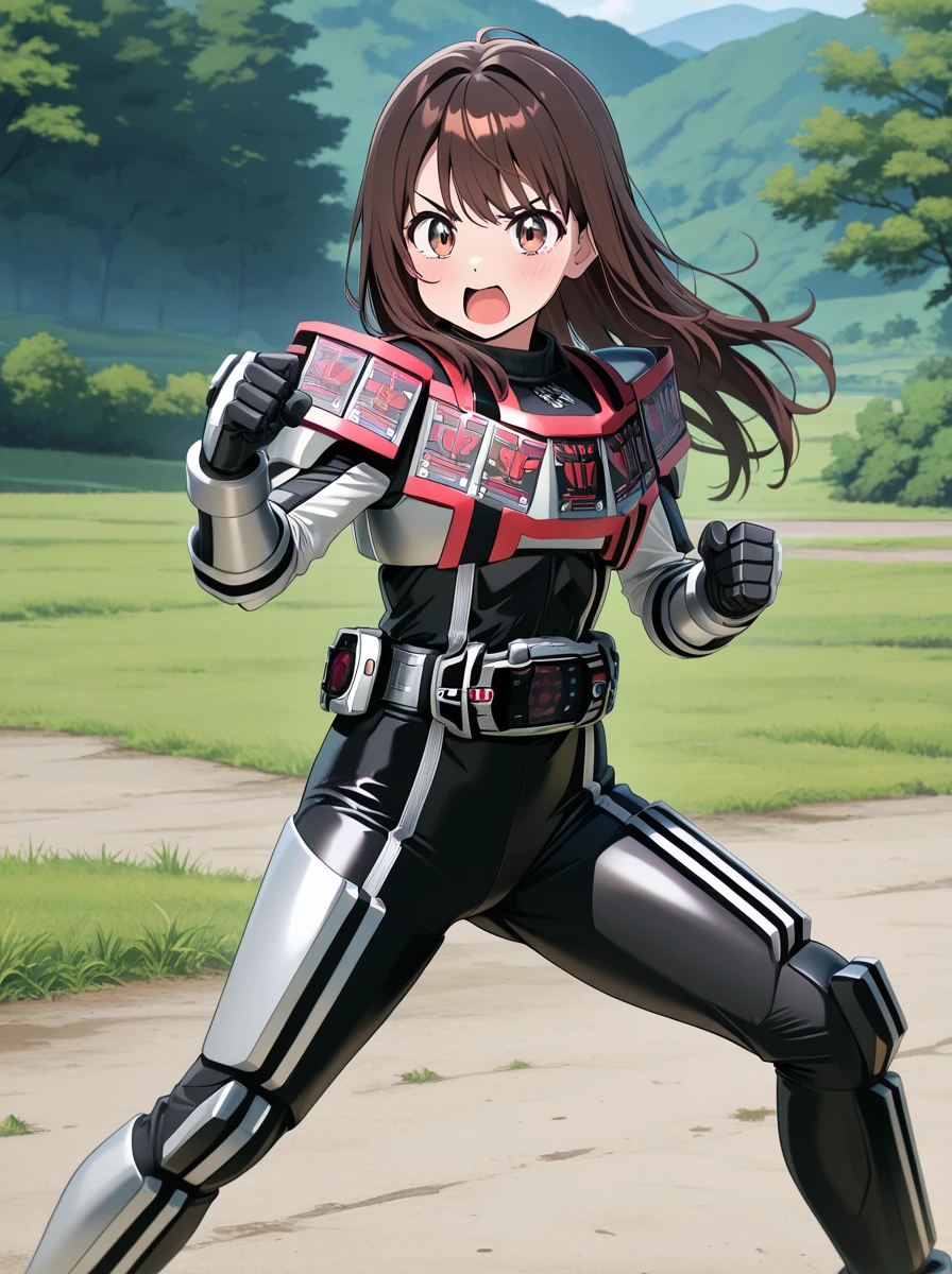 masterpiece, best quality, amazing quality, very aesthetic, absurdres, newest anime screenshot, anime coloring,
<lora:DecadeComplete:1>completeform, armor, solo, belt, tokusatsu, , standing, rider belt 1girl long hair, fighting stance, looking at viewer, brown eyes open mouth,