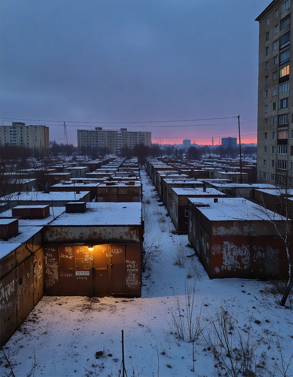A vast, sprawling garage cooperative stretches endlessly across a snowy, desolate landscape, surrounded by the imposing silhouettes of Soviet-era panel high-rises. The garages, made of rusted metal and crumbling brick, form an intricate maze of alleyways, their surfaces covered in old Soviet graffiti, faded warnings, and layers of peeling paint. The ground is blanketed in fresh snow, reflecting the eerie glow of distant streetlights. A dim, golden light spills from a few slightly open garage doors, revealing shadowy interiors filled with scattered tools, worn-out car parts, and makeshift workbenches. The sky is a deep, moody blue, transitioning into a purple-orange gradient near the horizon, as the last light of day fades. In the distance, thick plumes of smoke rise from the chimneys of nearby factories, blending into the heavy winter air. The atmosphere is thick with silence, broken only by the occasional hum of a distant car engine or the muffled sound of a radio playing from within one of the garages.
