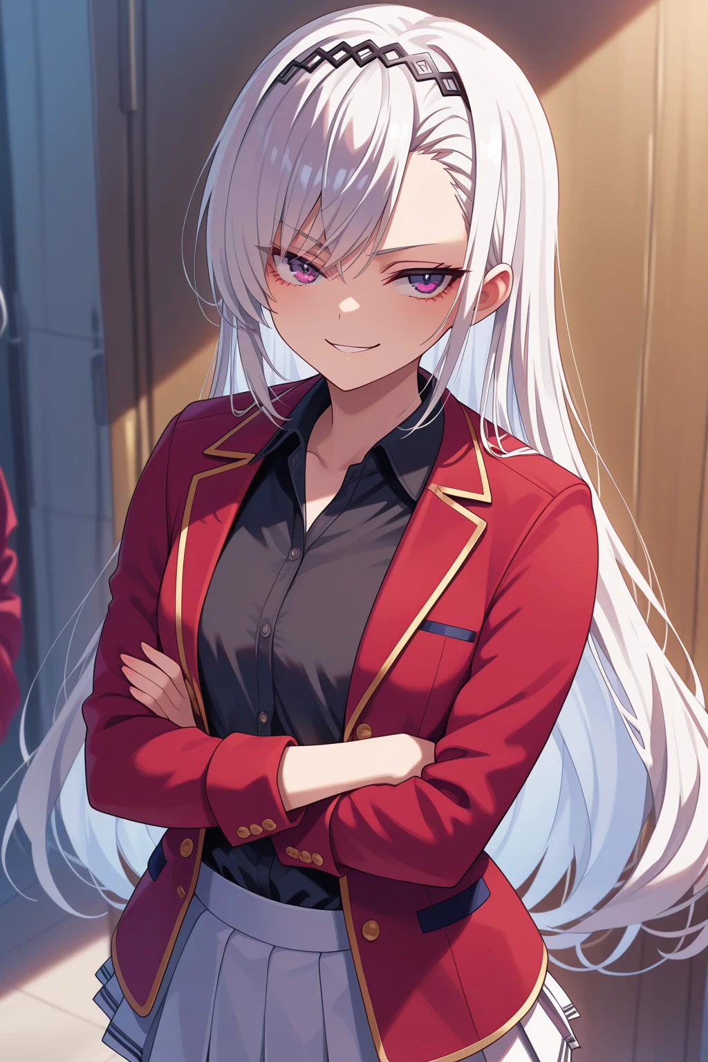 masterpiece, best quality, absurdres, safe
1girl fuka kiryuin white hair hairband purple eyes black hairband
smile, pleated skirt, black shirt red jacket crossed arms
<lora:cote_aio_il_6_v1_d32:1>