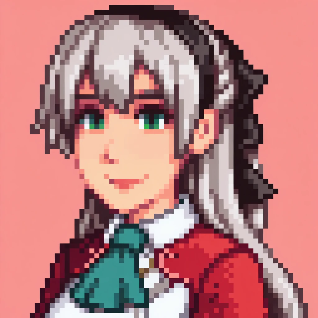 masterpiece, best quality, solo, 1girl, smile, looking at viewer, <lora:Stardew-Valley-Portraits-illus_Fp:1>, pixel art, portrait, simple background, <lora:elie-illu-nvwls-v1:1>, zrelie, grey hair, long hair, half updo, green eyes, black hairband, hair ribbon, white and red uniform, white dress, aqua ascot,